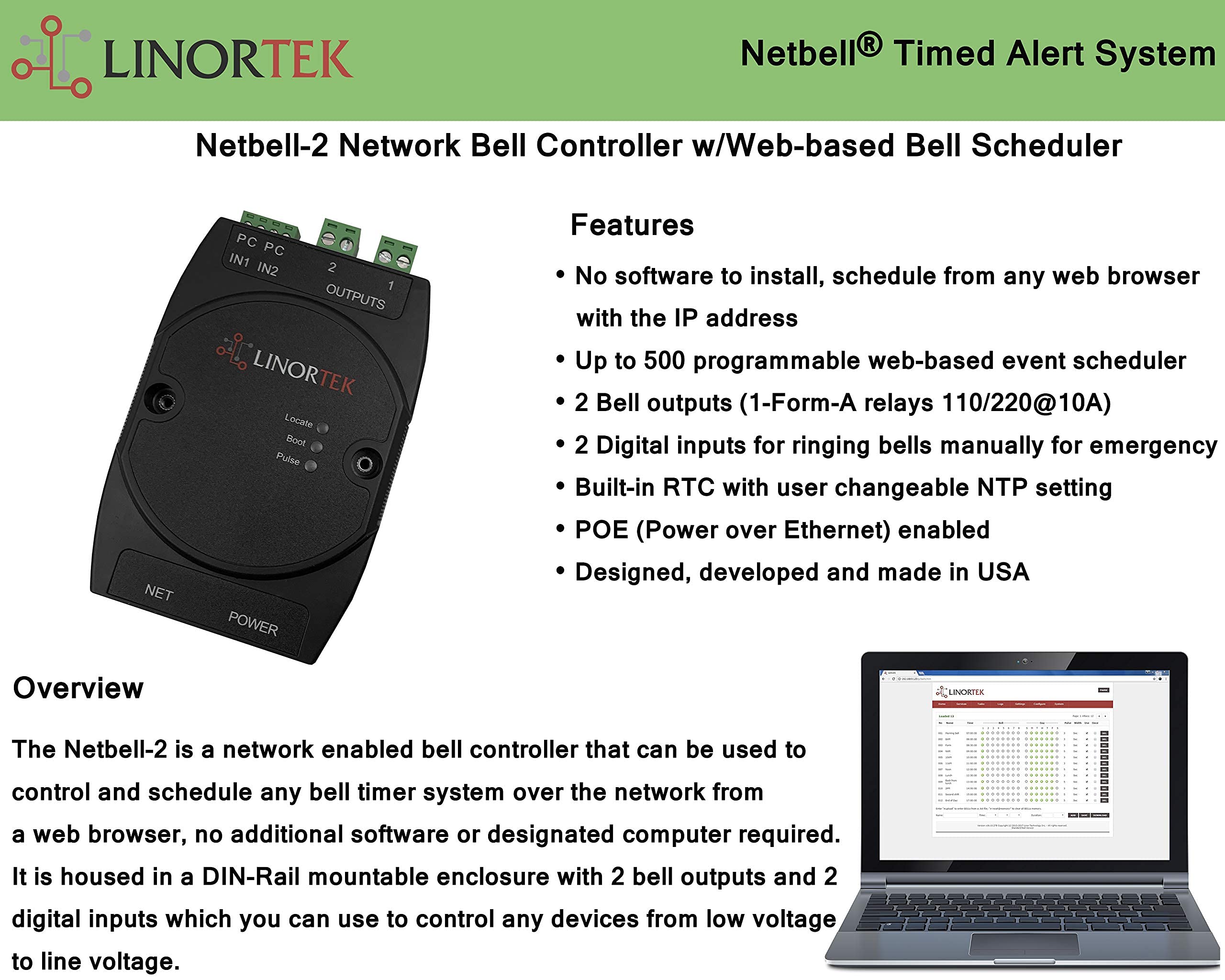 Netbell 2 Tcp/Ip Network And Poe Enabled Programmable Bell Timer Controller For 2 Zones, With Free Web Based Bell Scheduling Sof