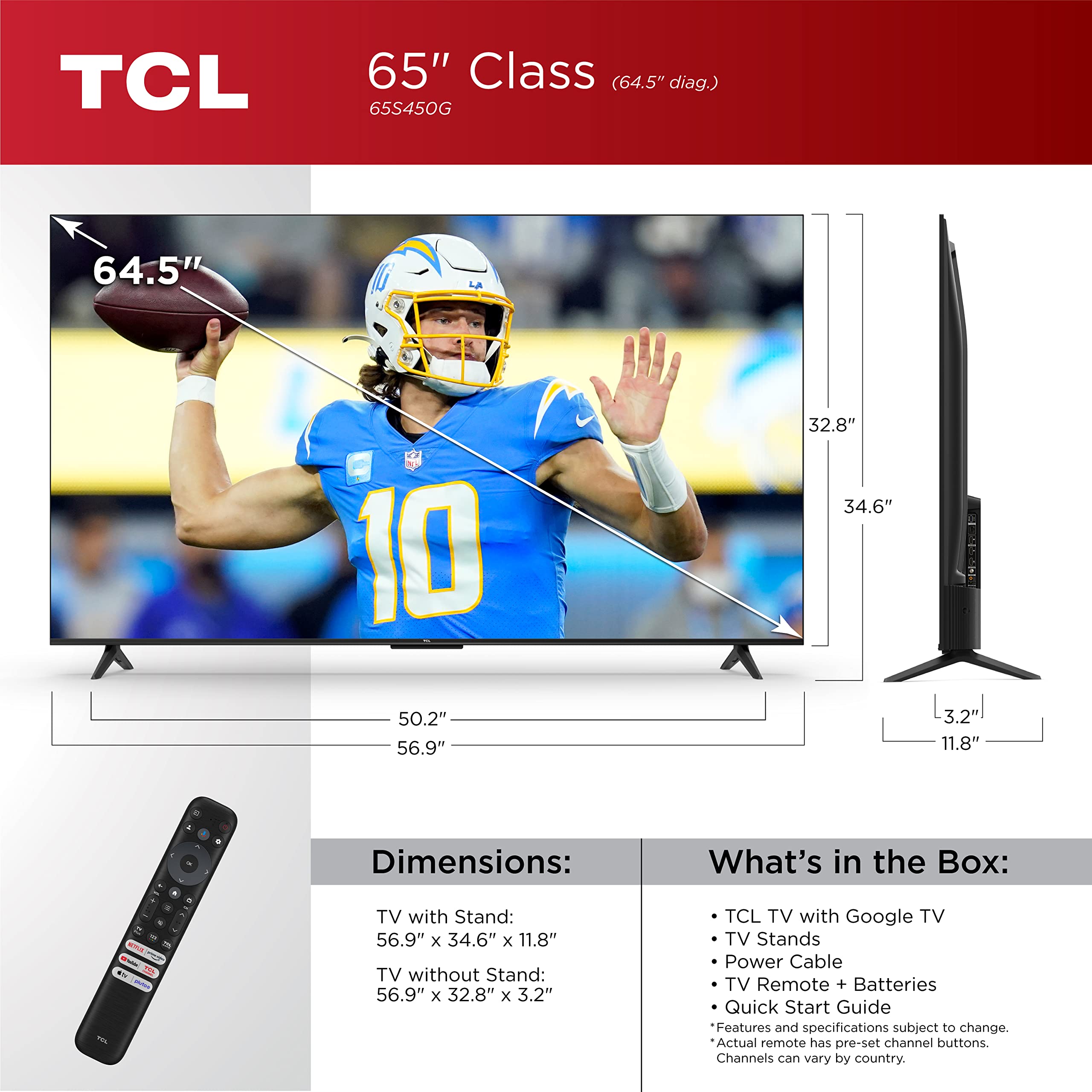 Tcl 65 Inch Class S4 4K Led Smart Tv With Google (65S450G, 2023 Model), Dolby Vision, Hdr Pro, Atmos, Assistant Built In Voice R