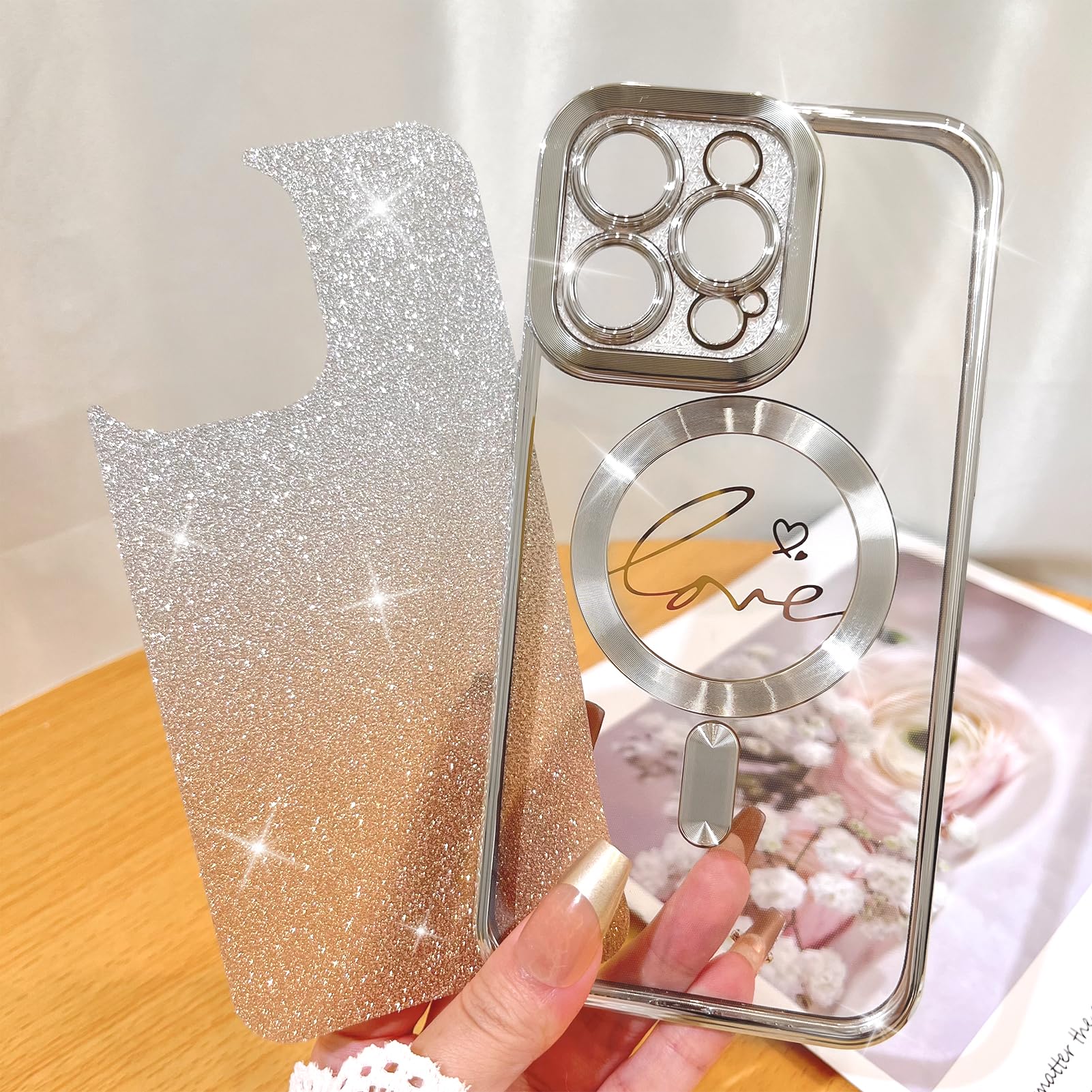 Fiyart Compatible With Iphone 14 Pro Max Case,Compatible With Magsafe Love Heart Plating Camera Protection Clear Phone Case, Mag