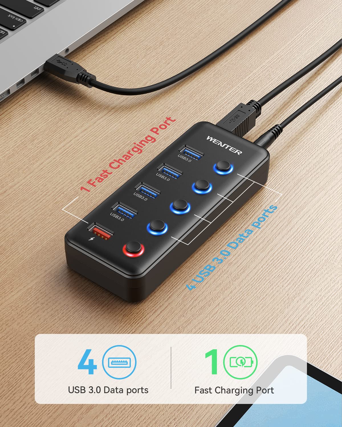 Powered Usb Hub, Wenter 5 Ports Usb 3.0 Hub (4 Data Transfer Ports+ 1 Smart Charging Port) With Individual Led On/Off Switches, Usb Hub 3.0 Powered With 15W Power Supply For Pc, Mac