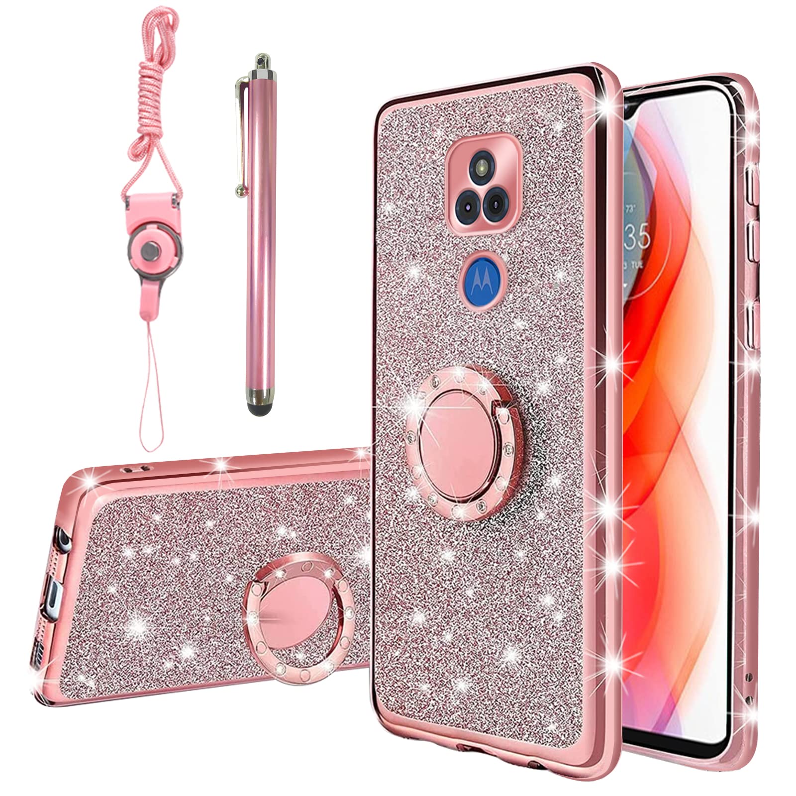 Kudini For Moto G Play 2021 Case For Women Glitter Crystal Soft Clear Tpu Luxury Bling Cute Protective Cover With Kickstand Stra