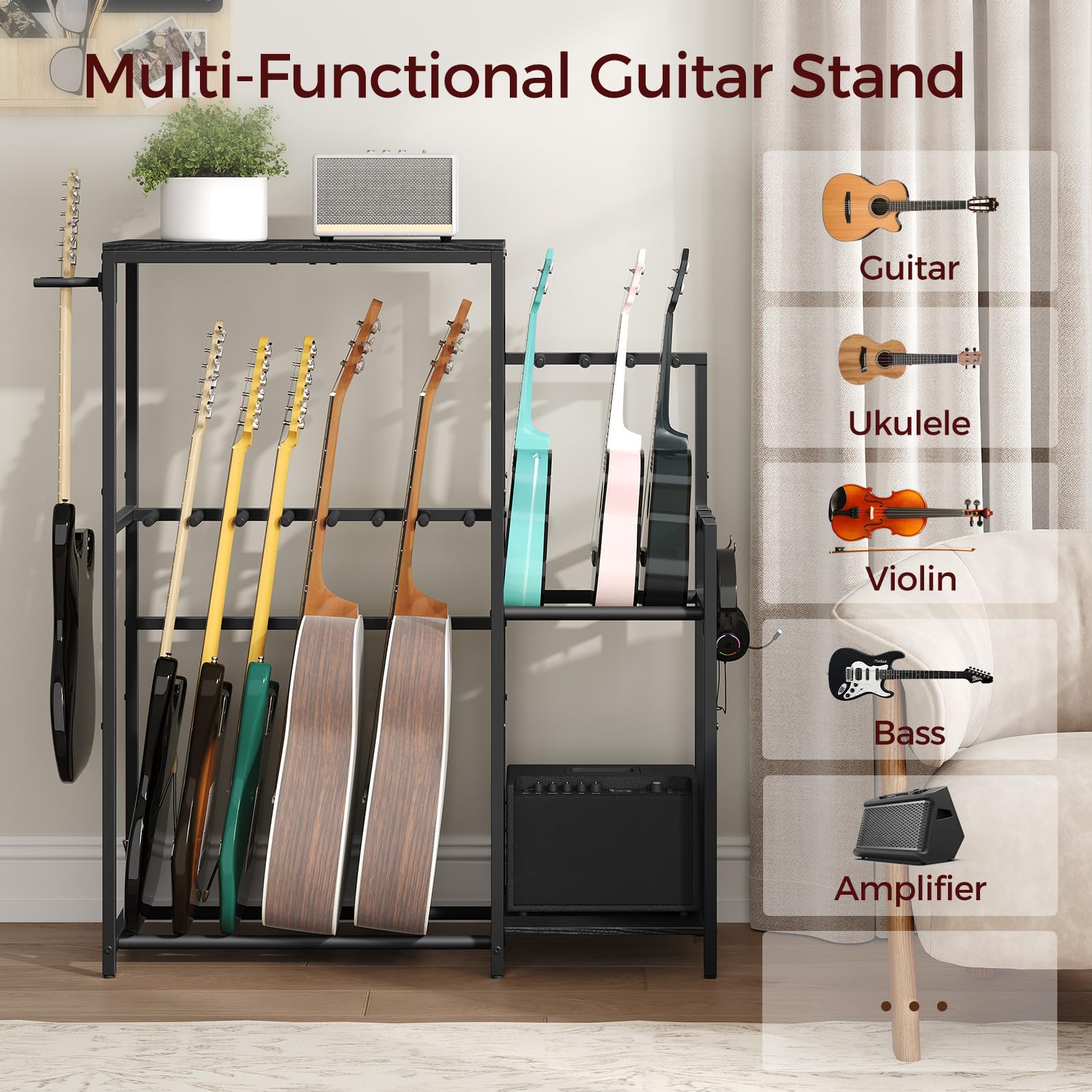 Mahancris Guitar Stand, Multi-Guitar Rack, For Acoustic, Electric Guitar, Bass, Ukulele, Banjo, For 7 Guitars, Guitar Amp Stand,