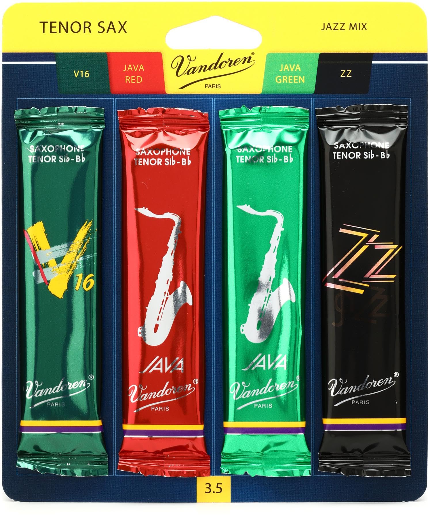 Vandoren SRMIXT35 Tenor Sax Jazz Reed Mix Card includes 1 each ZZ, V16, JAVA and JAVA Red Strength 3.5