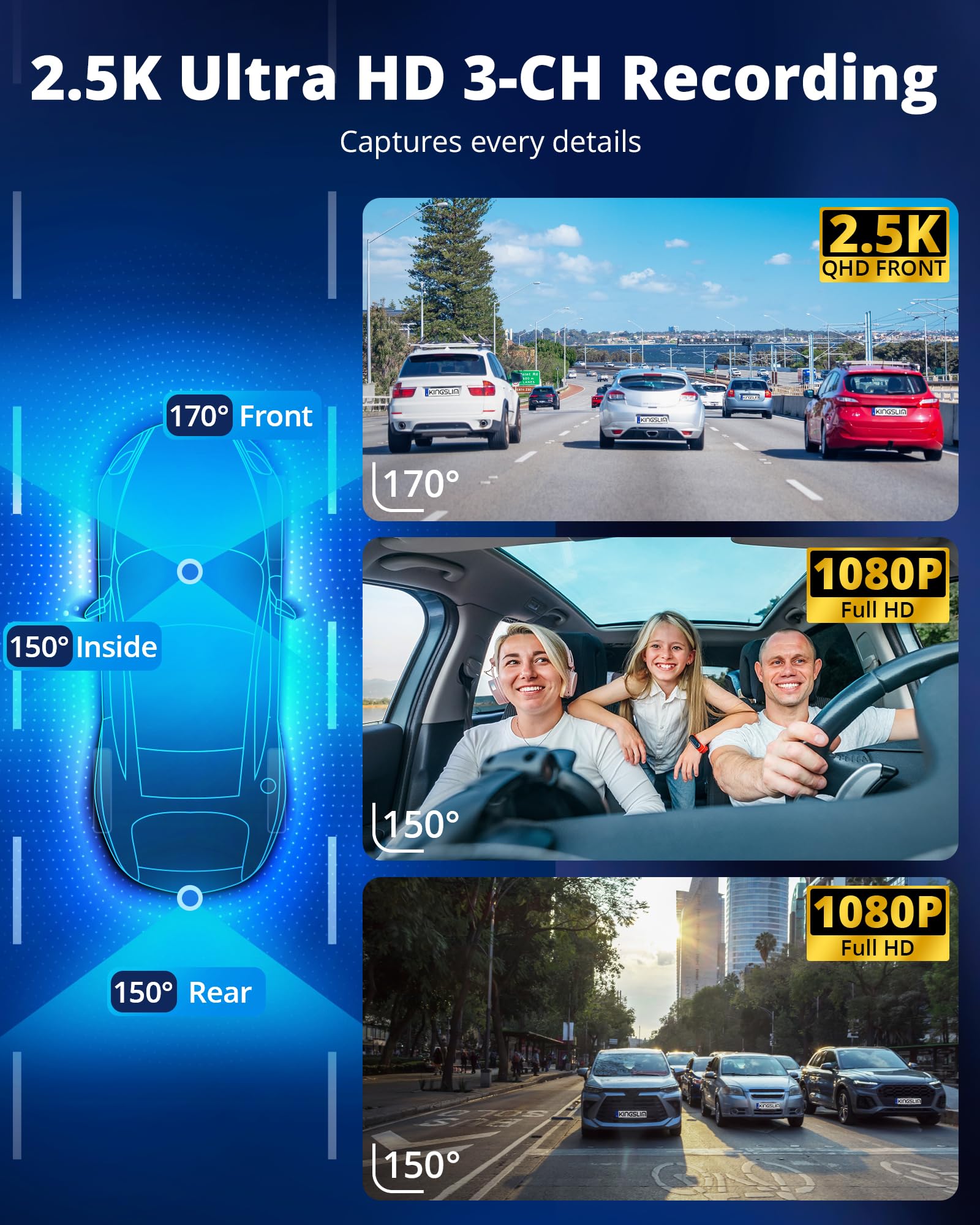 Dash Cam Front And Rear Inside, 3-Channel 2.5K Fhd Dash Camera For Cars With 2'' Screen, Wireless Dashcam With 5Ghz Wifi, 64Gb C