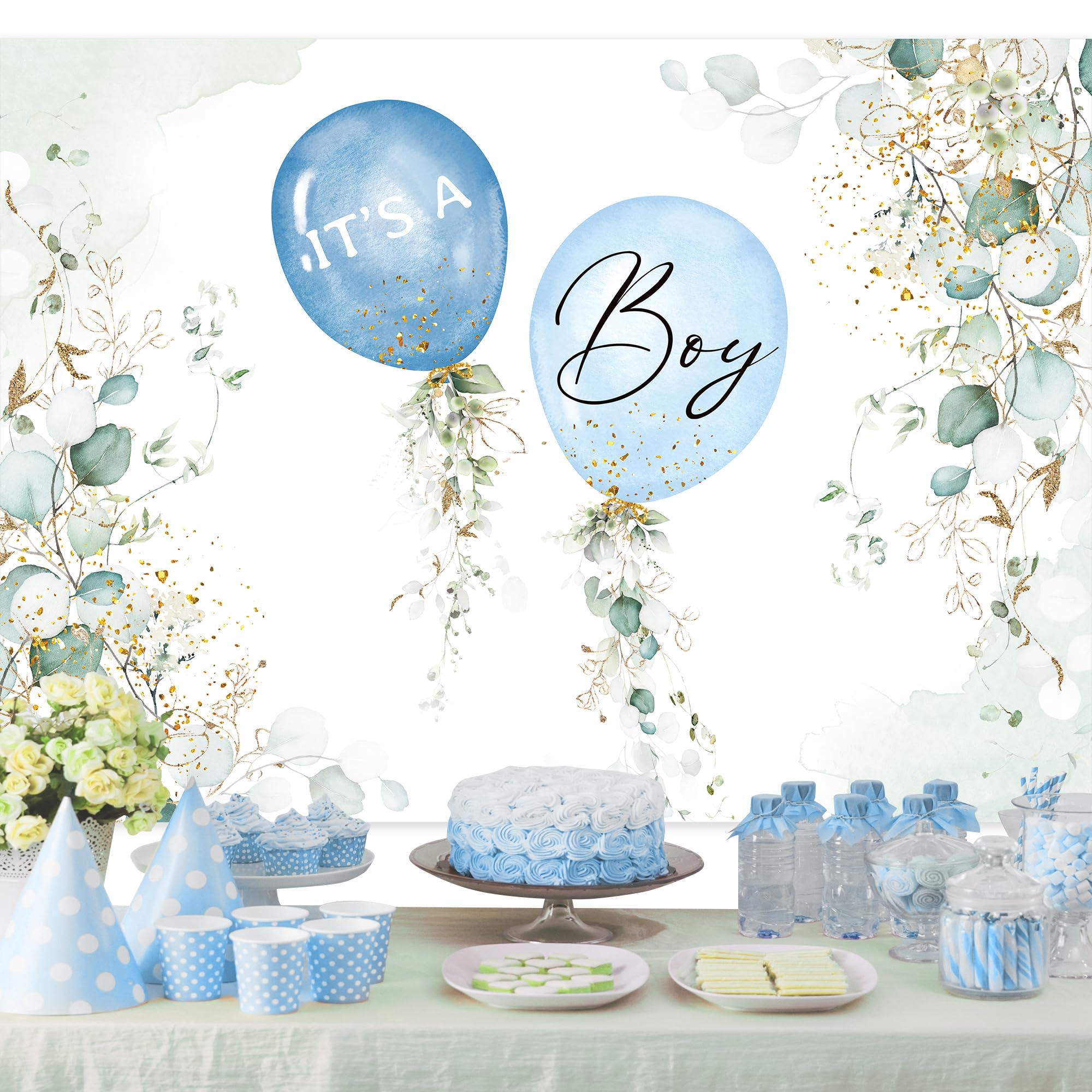 Glawry It'S A Boy Baby Shower Backdrop For Photography 7Wx5H Feet Cute Blue Cartoon Balloons Watercolor Green Gold Eucalyptus Le