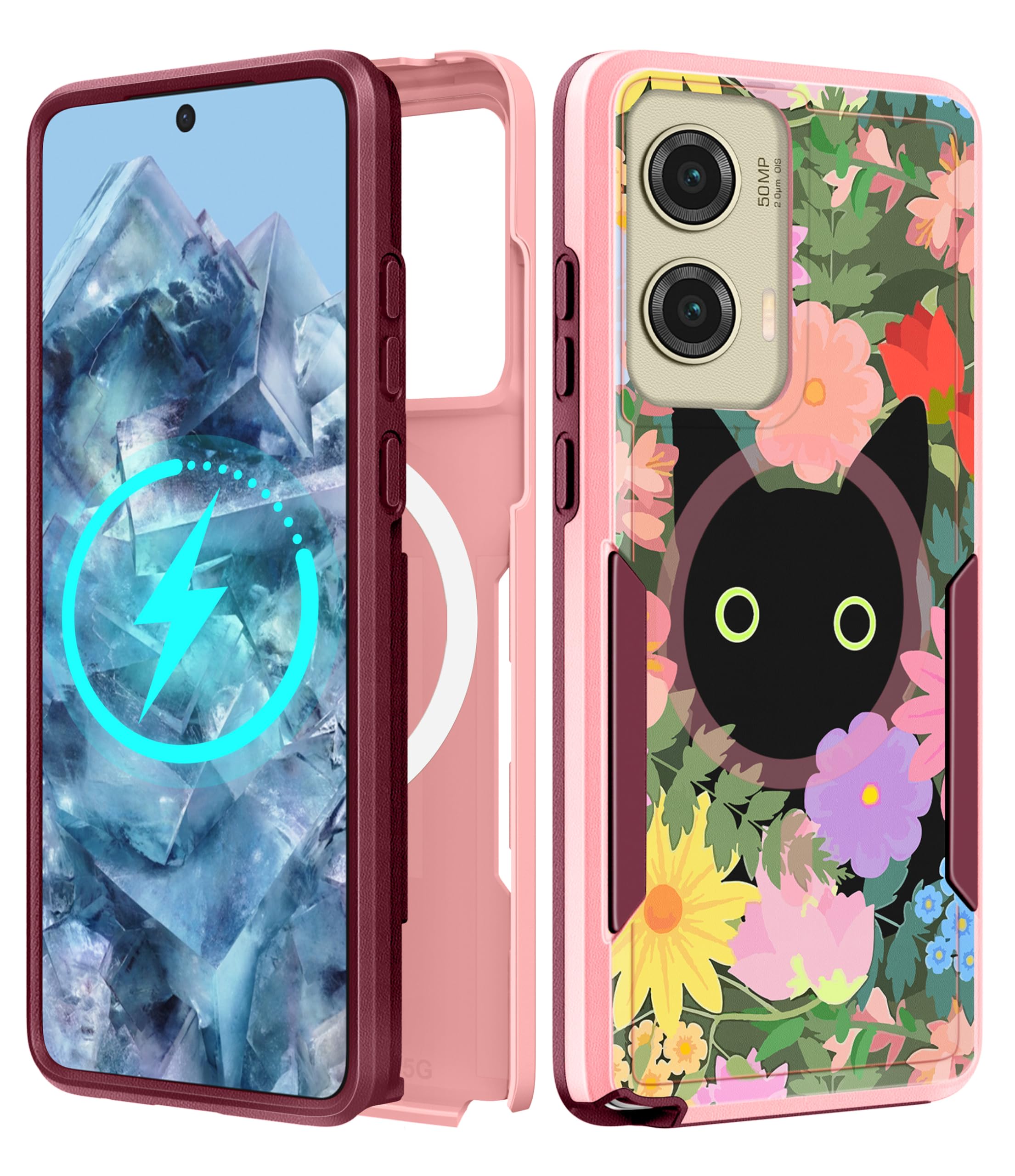 LISEVO for Moto G Stylus 5G 2024 Case - Compatible with MagSafe Women Girls Cute Magnetic Phone Cover Girly Cat Flower Floral He