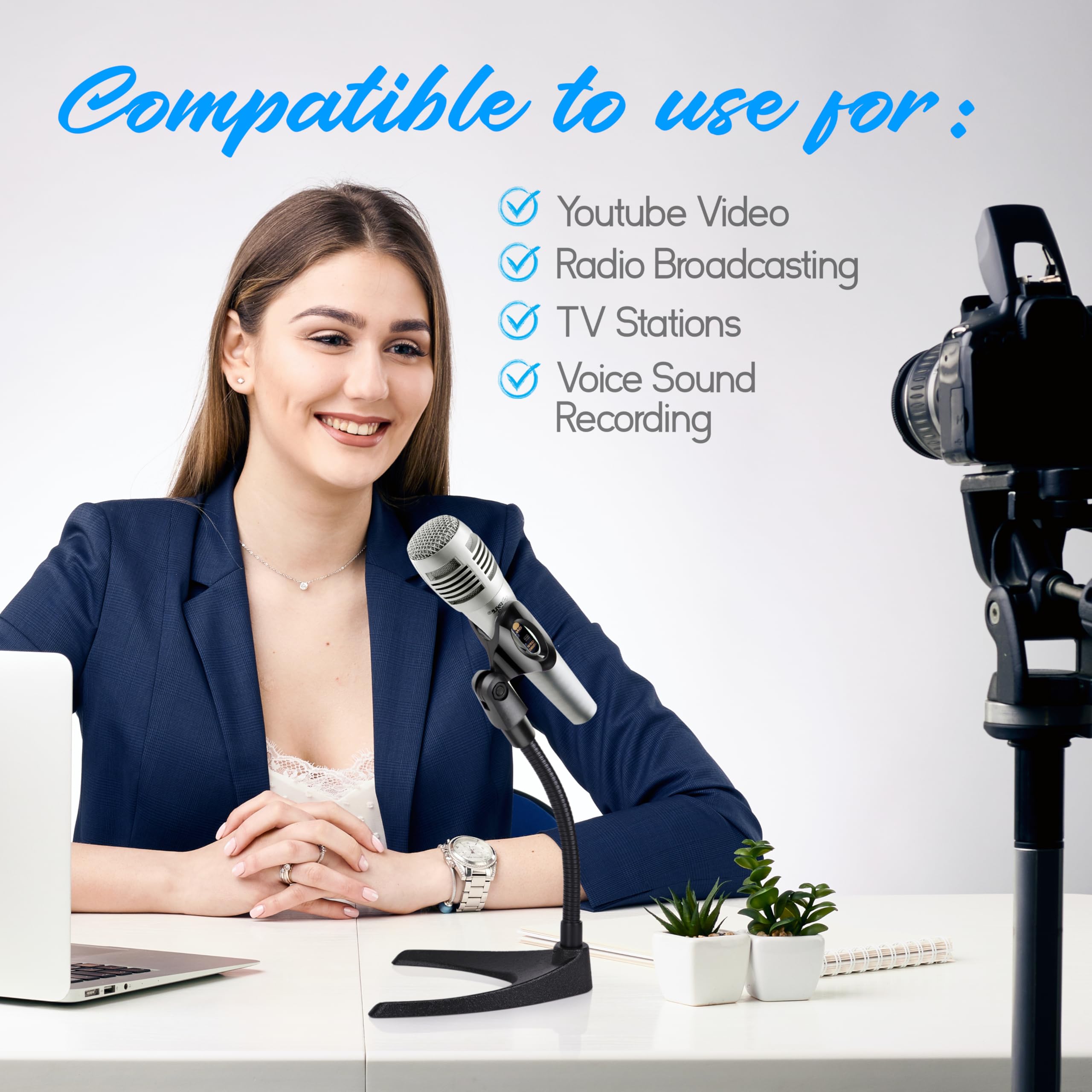Pyle Universal Adjustable Desktop Microphone Stand - Tabletop Mic Holder Low Profile Mic Stand W/ Flexible 8.2 Gooseneck Mount