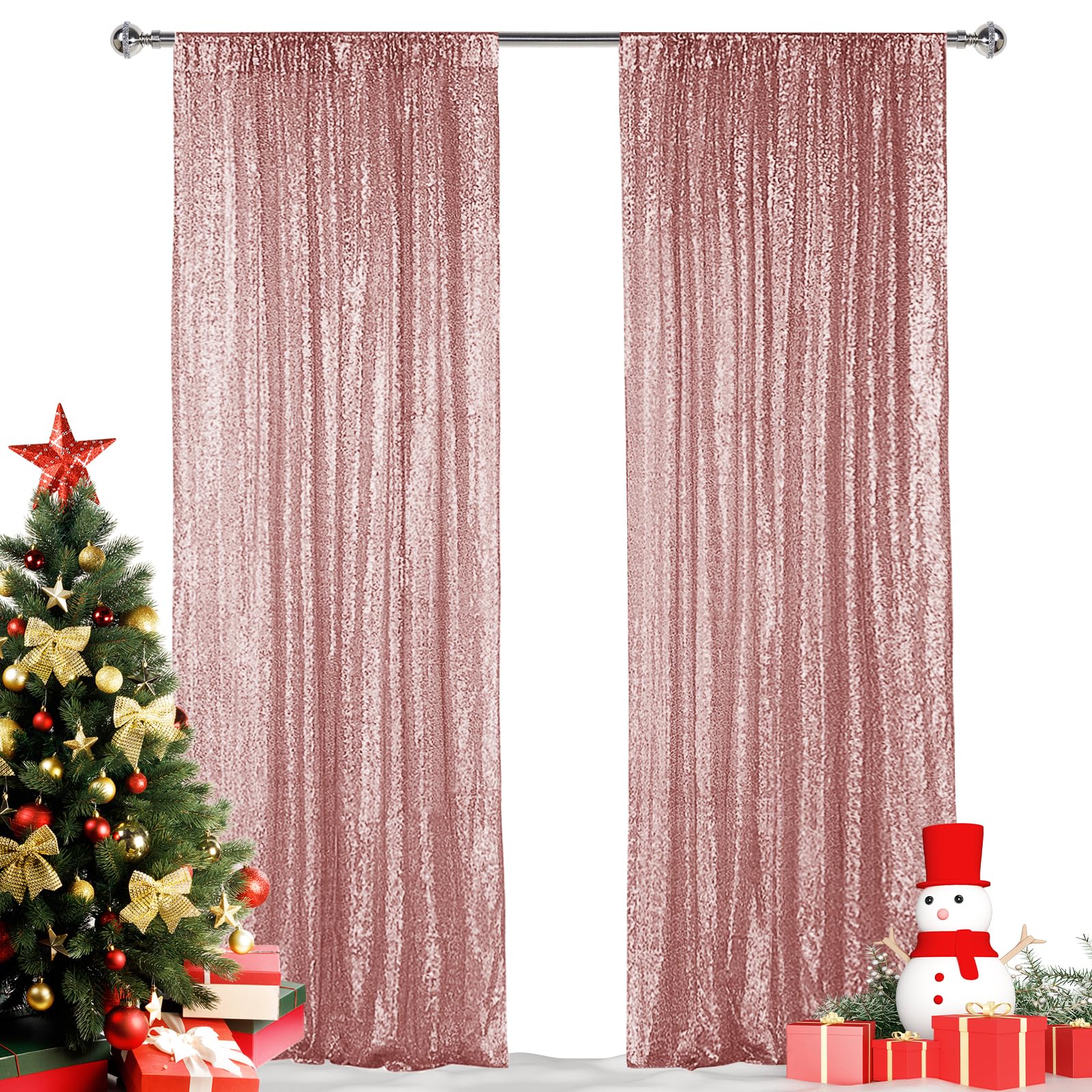 Hahuho Rose Gold Sequin Backdrop Curtain, 2Pcs 2Ftx8Ft Glitter Backdrop Curtain For Parties, Christmas, Wedding, Party Decoratio
