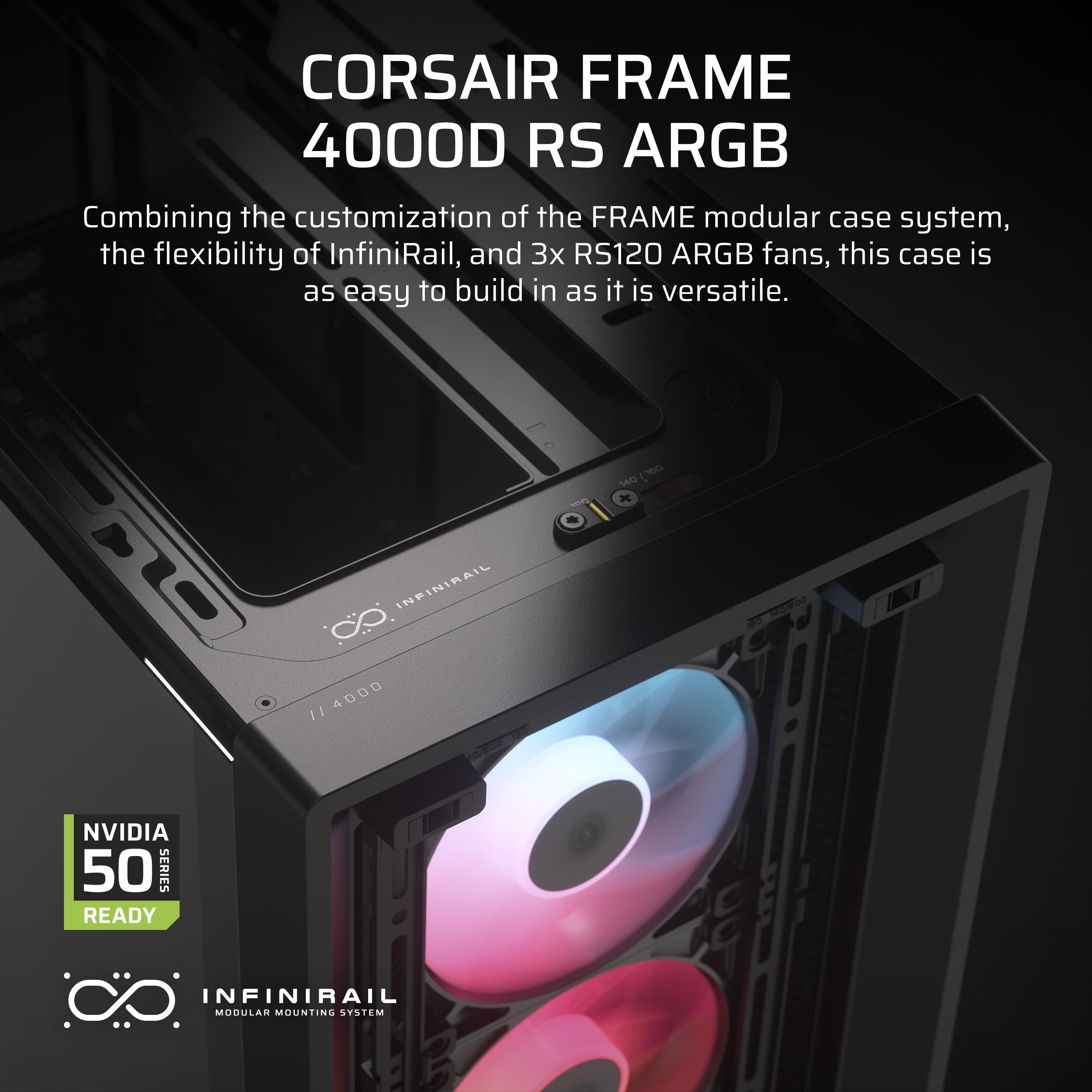 Corsair 4000D Rs Argb Frame Modular Mid-Tower Atx Pc Case - High Airflow, 3X Pre-Installed Rs Argb Fans, Infinirail Fan Mounting