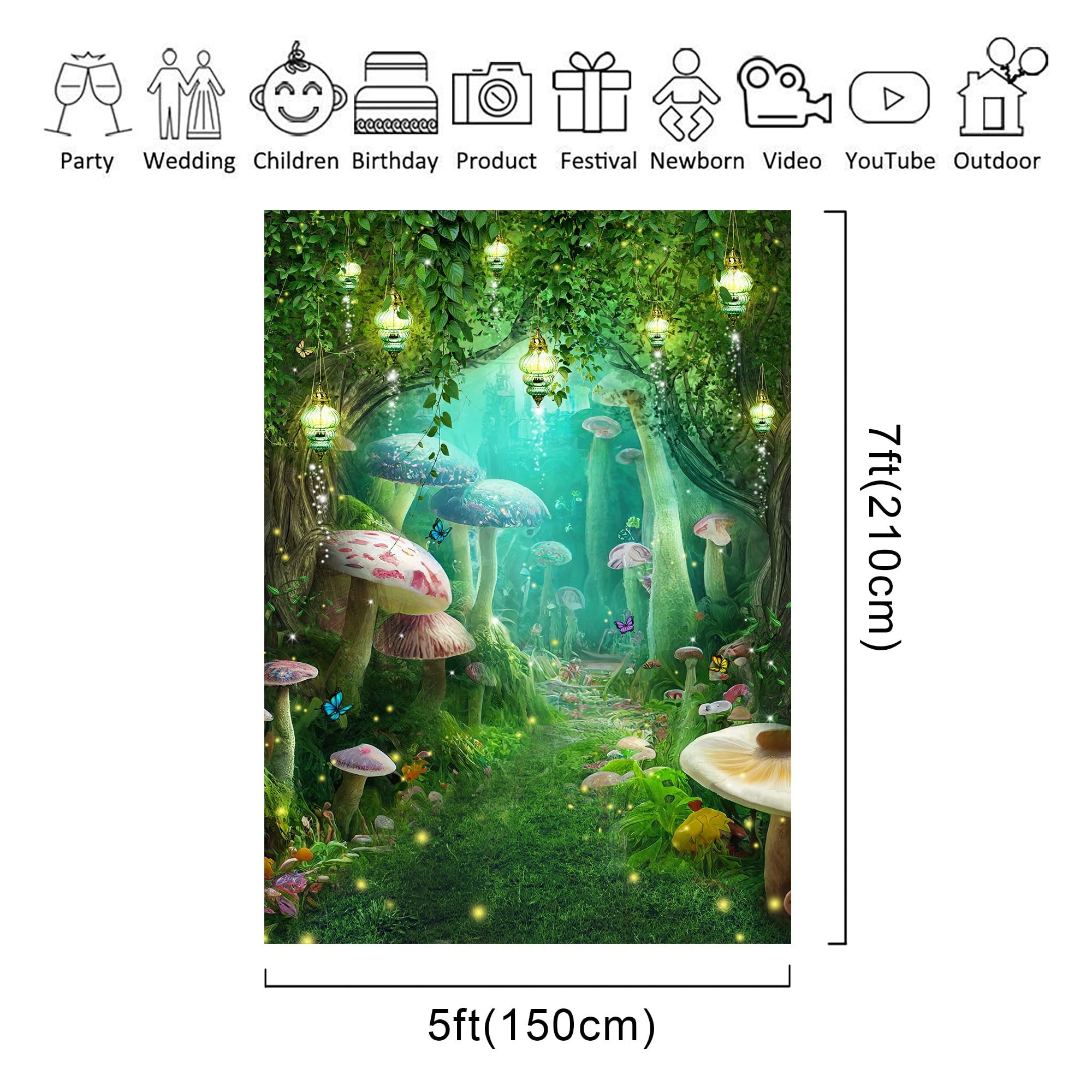 Riyidecor Enchanted Backdrop Polyester Fabric Greenery Garden Wonderland Fairy Tale Mushroom Butterfly Woodland Plant 5W*7H Feet