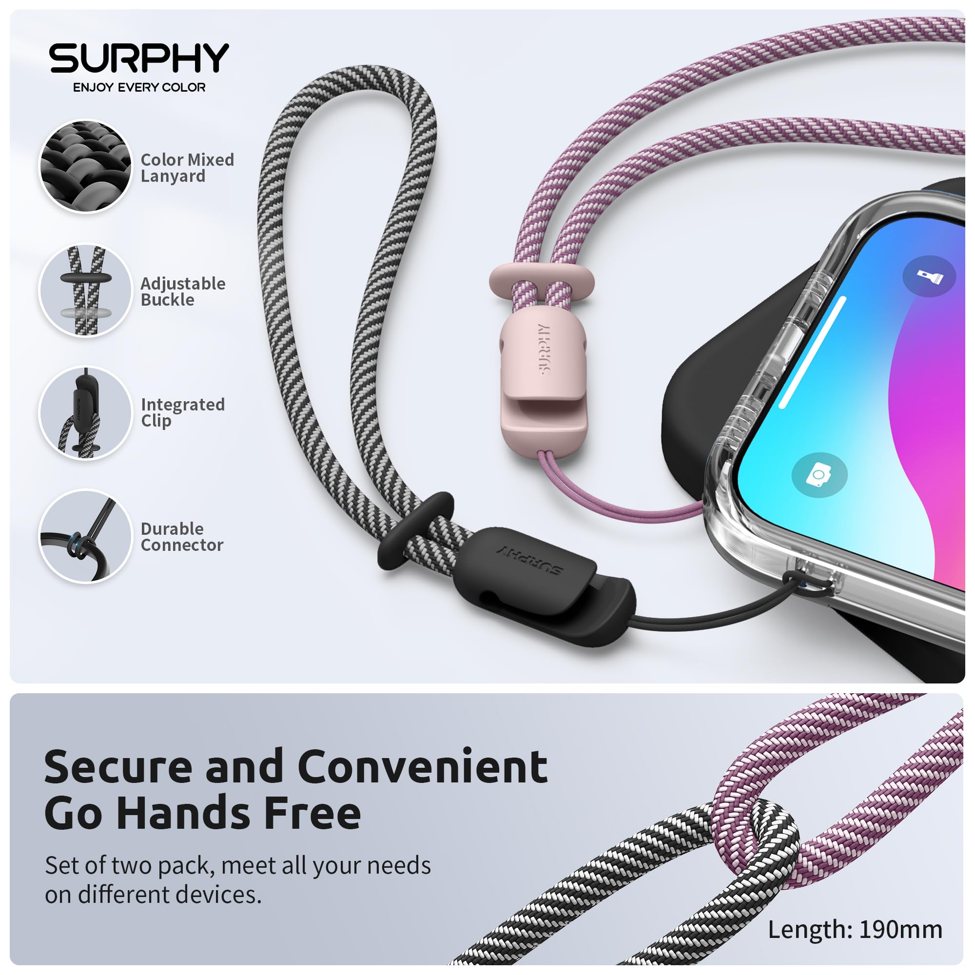 Surphy 2 Pack Lanyard, Phone Strap, Adjustable Phone Lanyard With Two Color Braided, Wrist Strap For Airpods, Camera (Pink & Bla