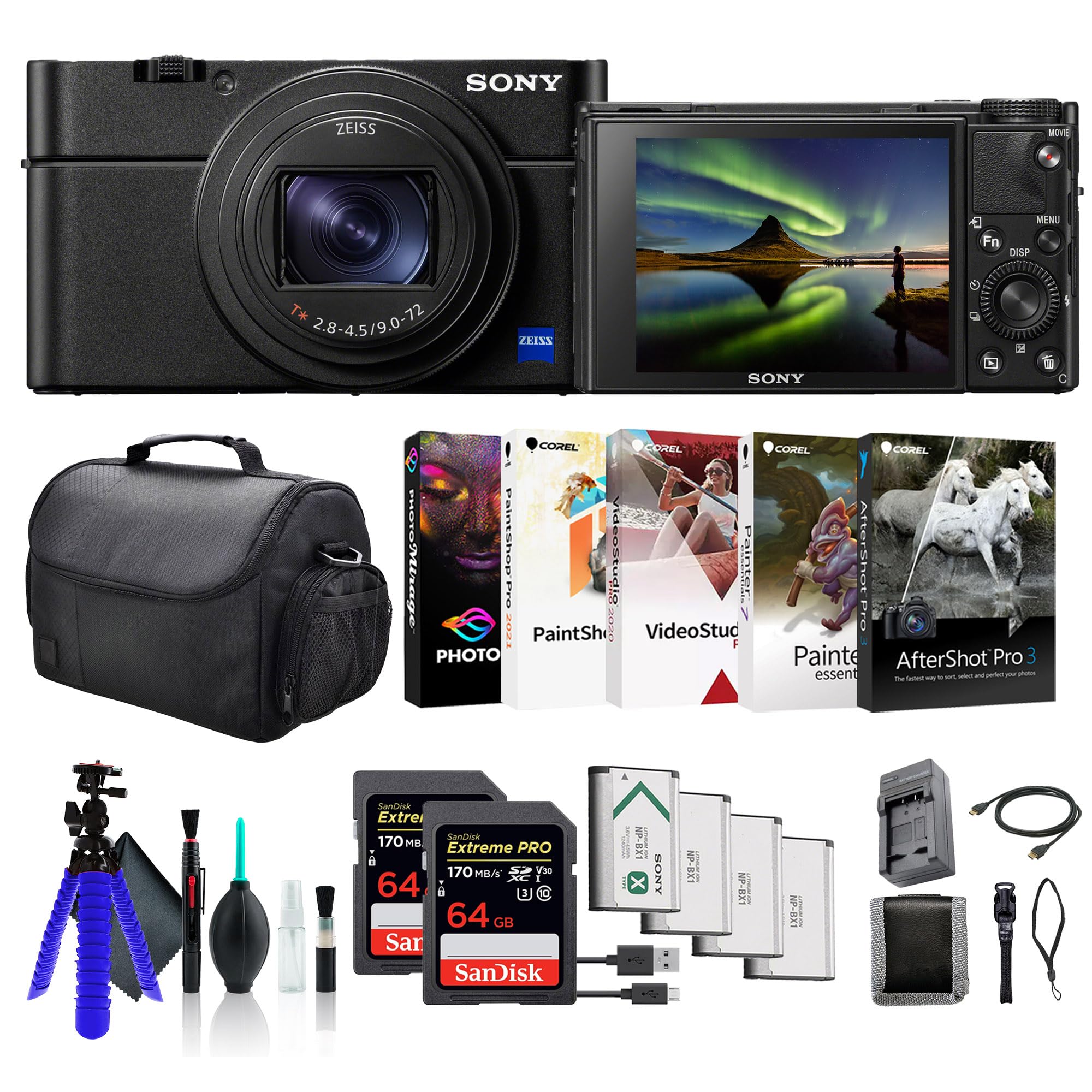 Sony Cyber-Shot DSC-RX100 VII Digital Camera DSC-RX100M7, 2 x 64GB Memory Card, Case, 3 x NP-BX1 Battery, Card Reader, LED Light