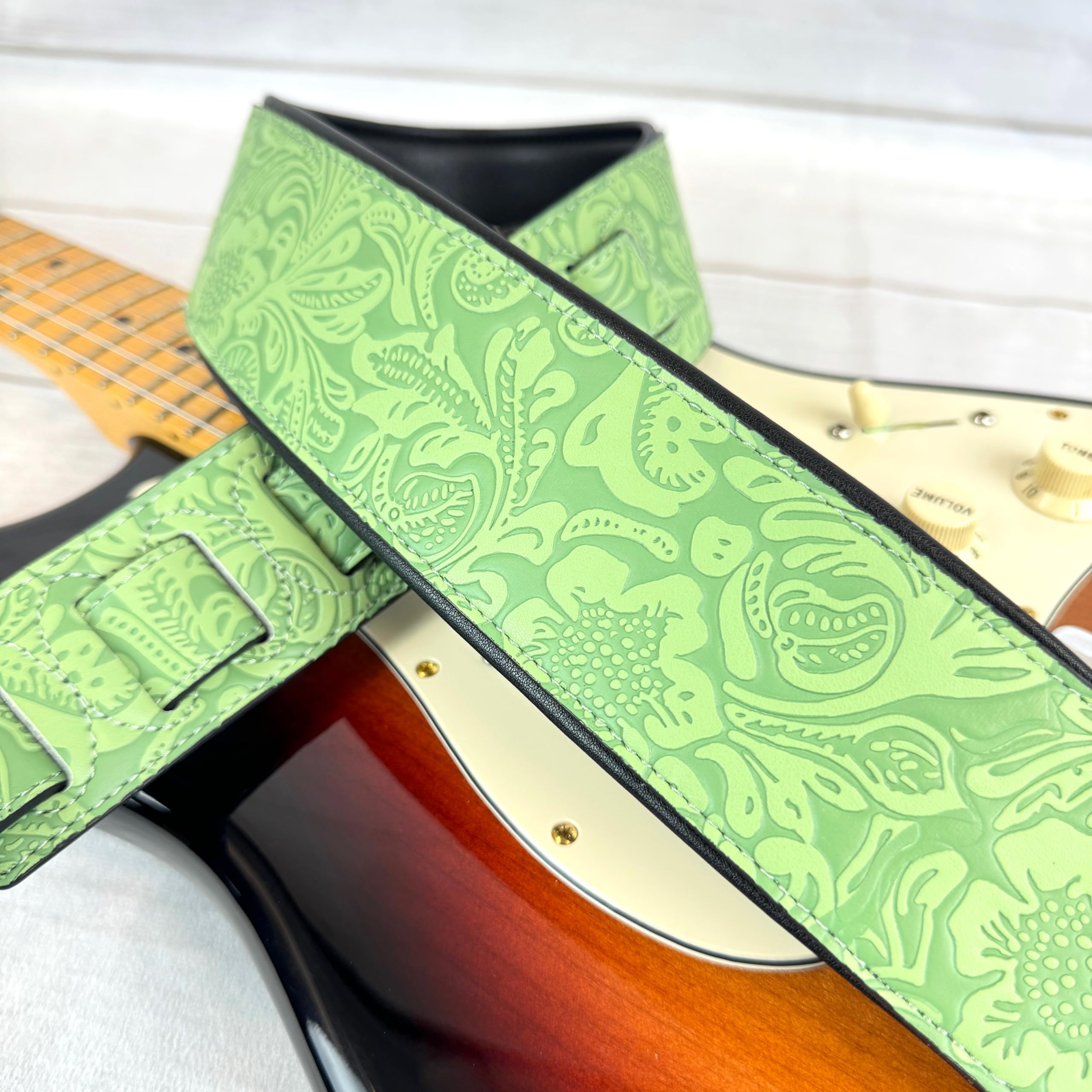 Walker And Williams G 977 Sea Foam Green Embossed Guitar Strap With Western Sheridan Design And Padded Glove Leather Back For Ac