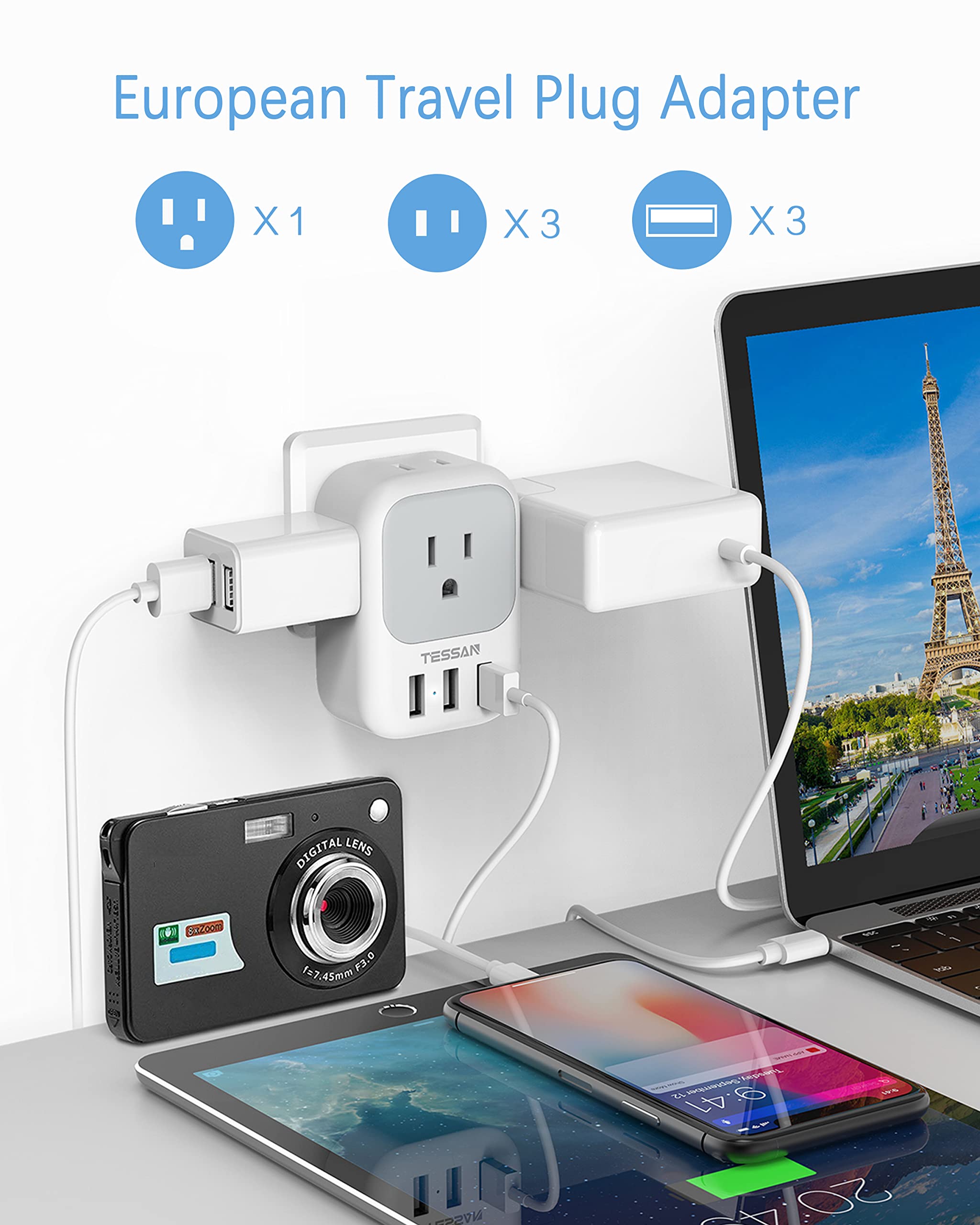 Tessan European Travel Plug Adapter 2 Pack, Us To Europe Power Adapter With 4 Outlets And 3 Usb, International Euro Charger Adap