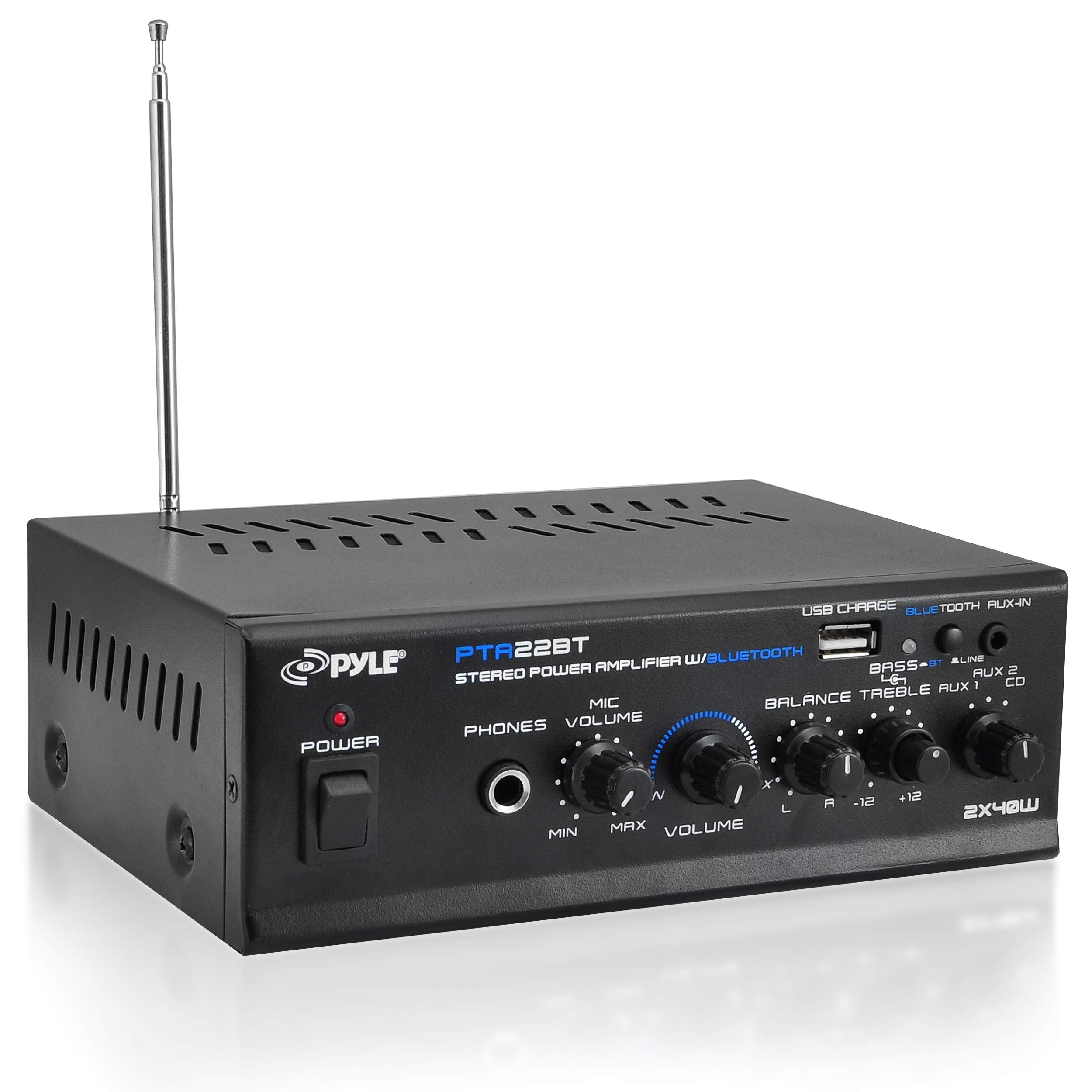 Pyle Bluetooth 5.0 Mini Home Audio Amplifier - 40W x 2 Compact Desktop Stereo Receiver with USB - SD - FM - Mic Input - Pager & 
