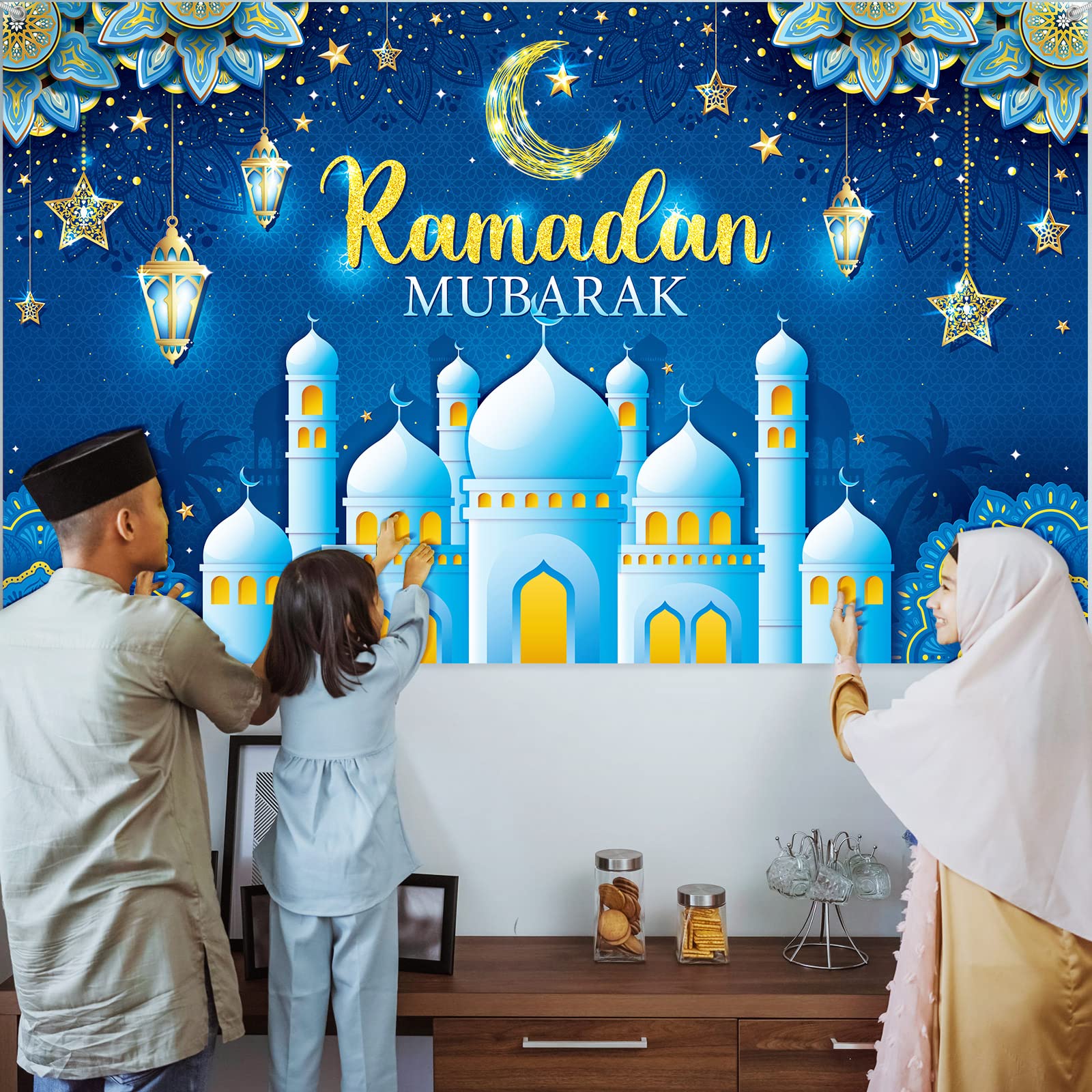 Ramadan Mubarak Decorations Backdrop Banner, Sign Photo Booth Background For Home Muslim Ramadan Kareem Eid Al Fitr Party Suppli