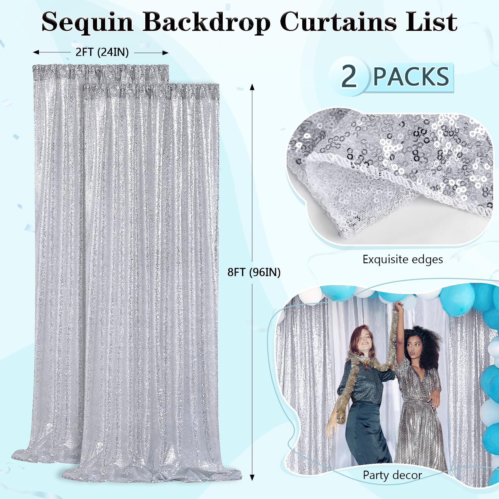 QueenDream Silver Sequin Backdrop Curtains - 2 Panels 2FTx8FT Polyester for Wedding & Party Decor