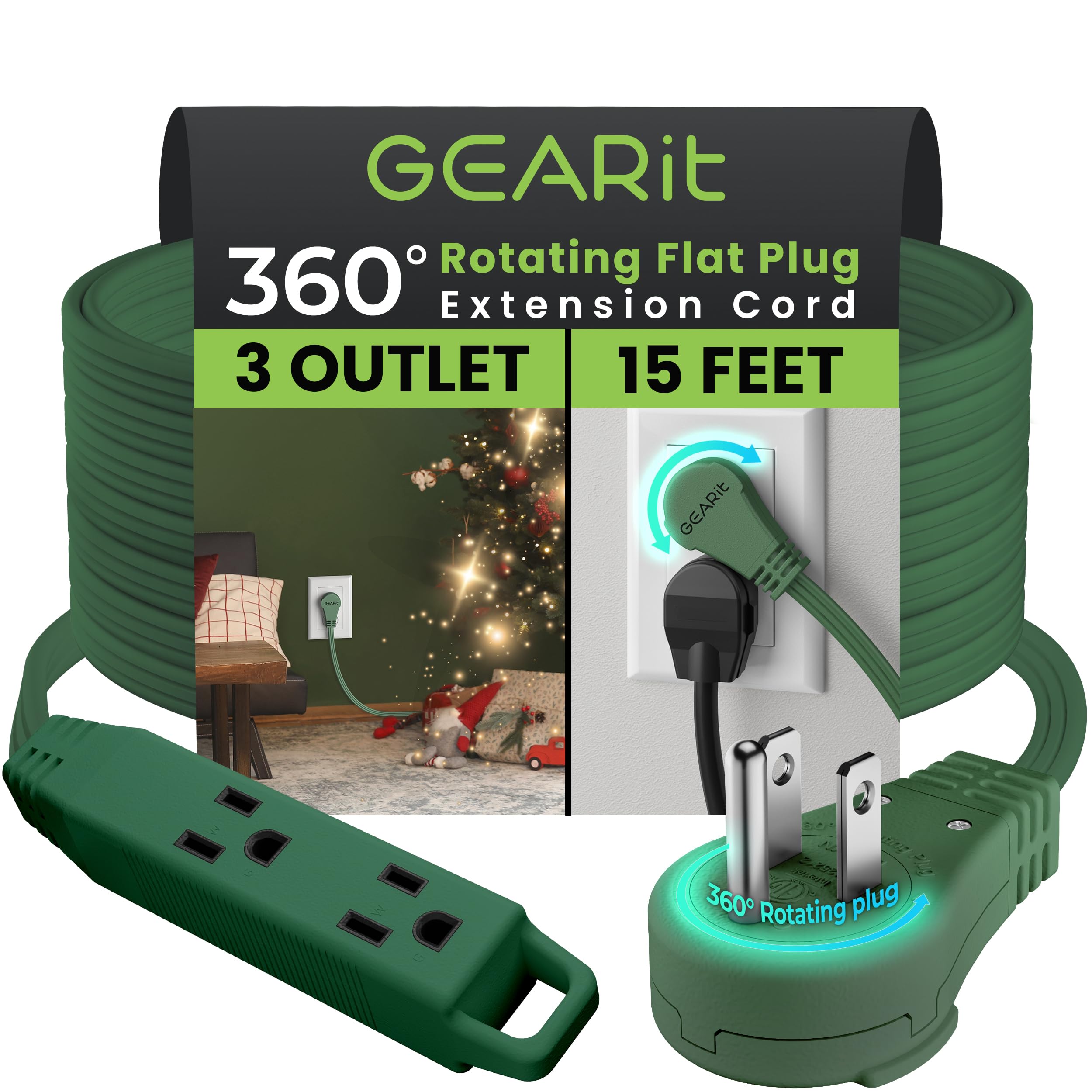 Gearit 360 Rotating Flat Plug Extension Cord With 3 Outlets (15Ft, Green) 16Awg/13A 3 Prong Wire, Outlet Saver For Home Office D