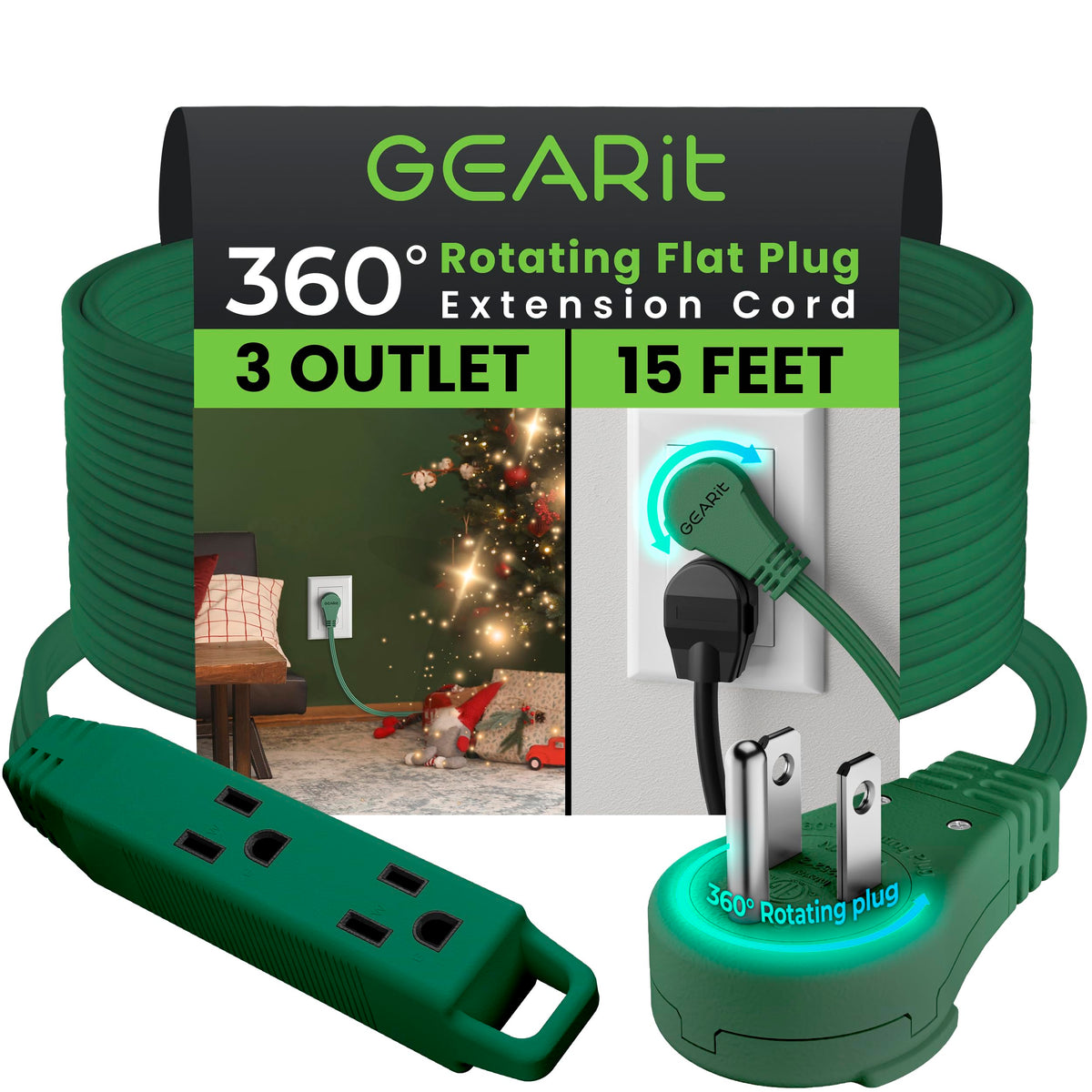 Gearit 360 Rotating Flat Plug Extension Cord With 3 Outlets (15Ft, Green) 16Awg/13A 3 Prong Wire, Outlet Saver For Home Office D