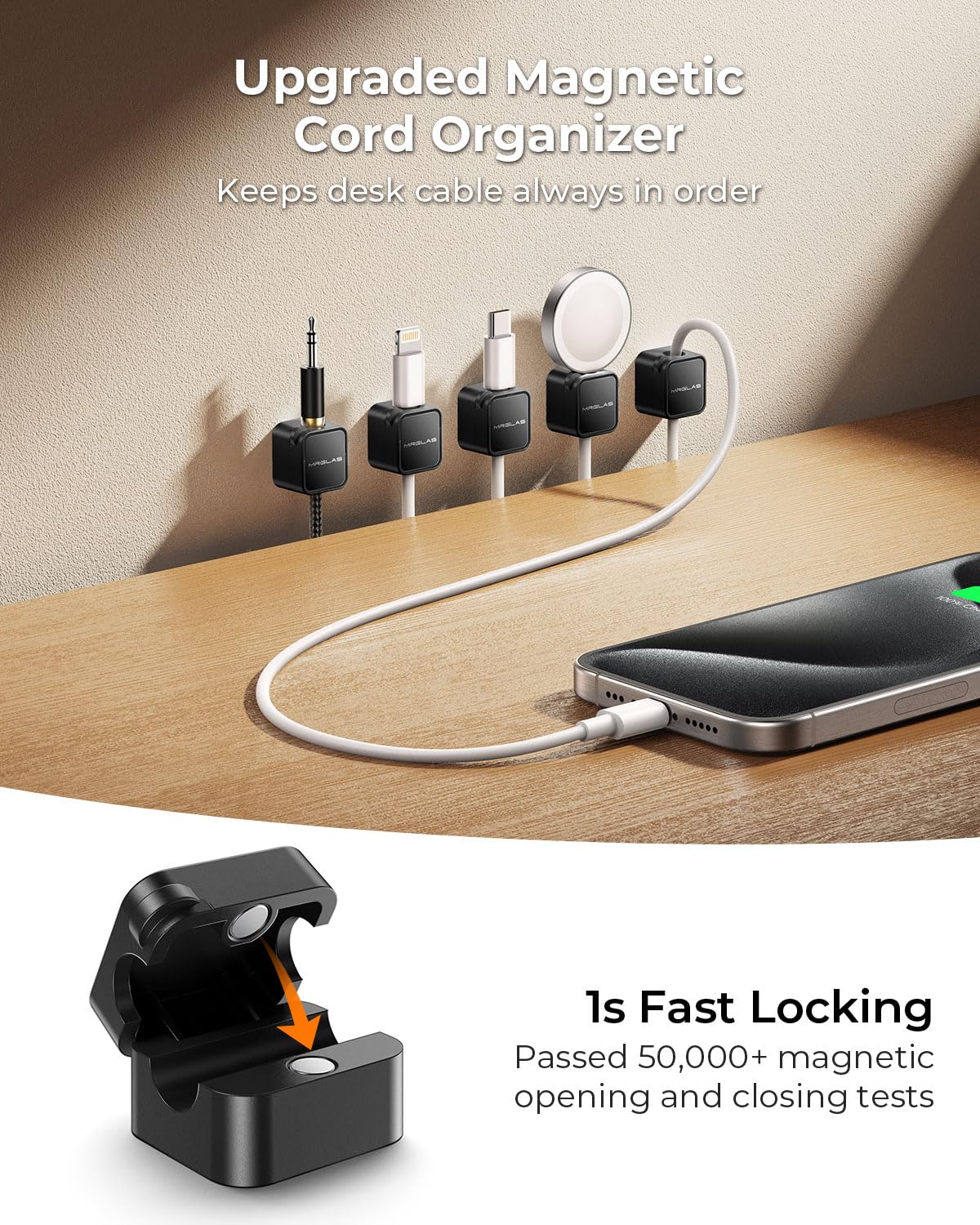 Mrglas 10 Pack Magnetic Cable Management Cord Organizer,[1S Lock] Cable Holder Clips  Desk Cable Clips [Cable Smooth Adjustable]