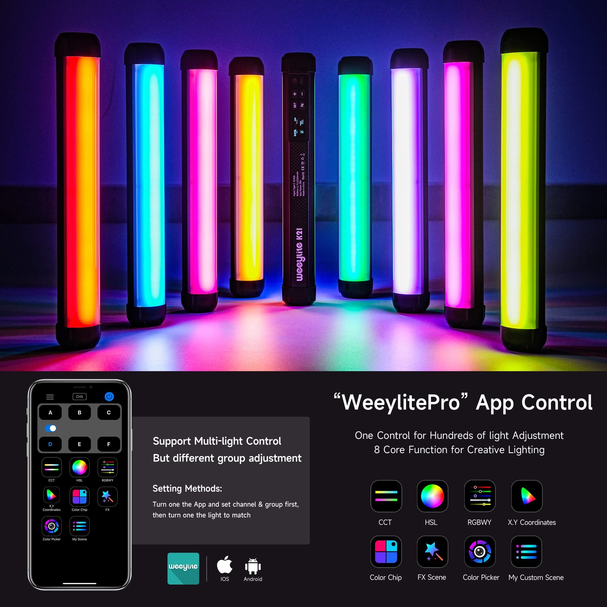 Weeylite K21 Rgb Led Stick Light, Magnetic App Control Led Video Light Wand W Cri 95+ 2500Mah Rechargeable 2500 8500K Full Color