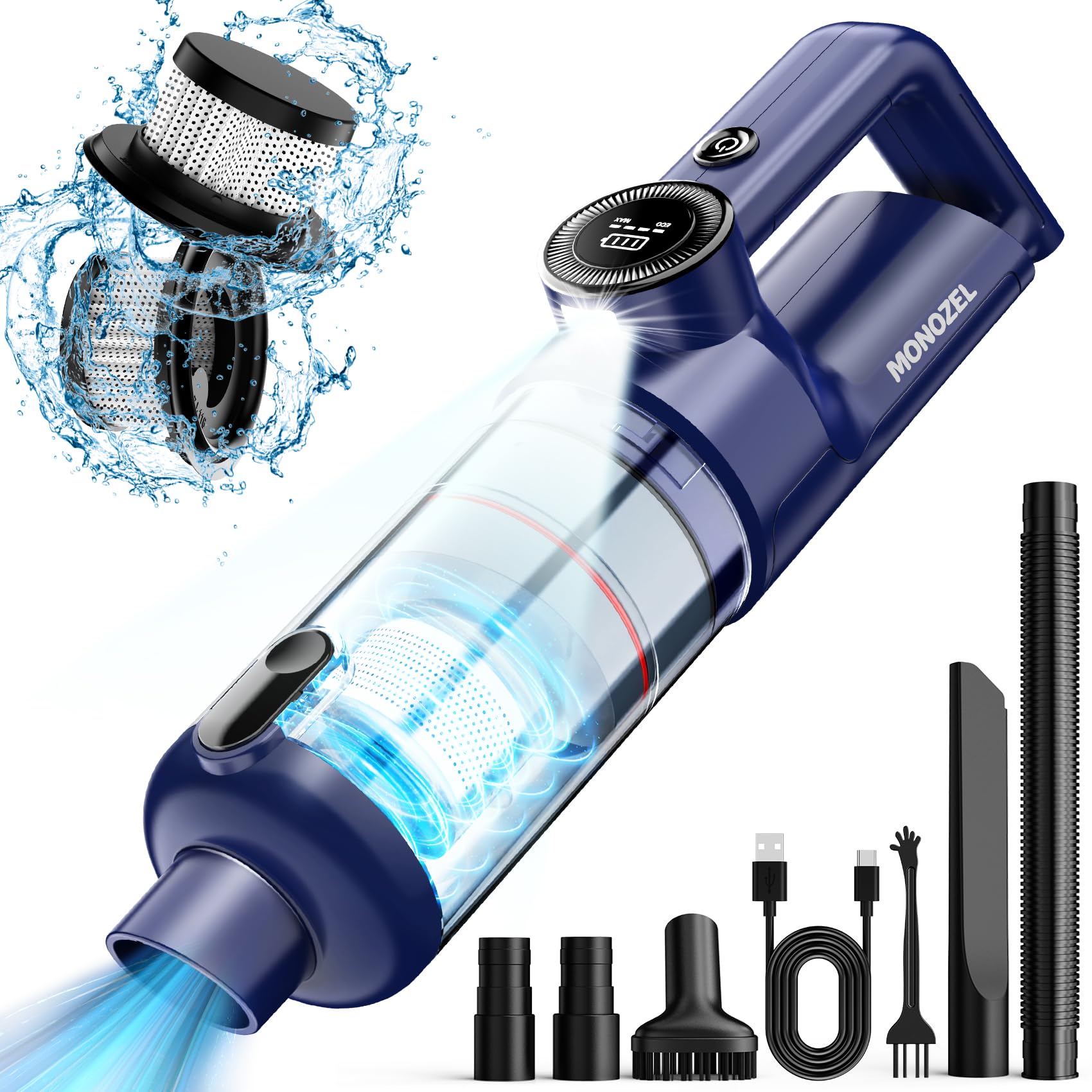 MONOZEL Handheld Vacuum Cordless - Car Vacuum Cleaner with Brushless Motor, 15kPa Powerful Suction Vacuum with LED Light, Type C