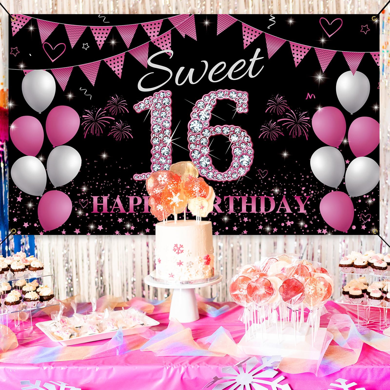 Htdzzi Sweet 16 Birthday Backdrop Banner Hot Pink, Sweet Sixteen Party Decorations, Happy 16Th Birthday Decorations For Girls, 1