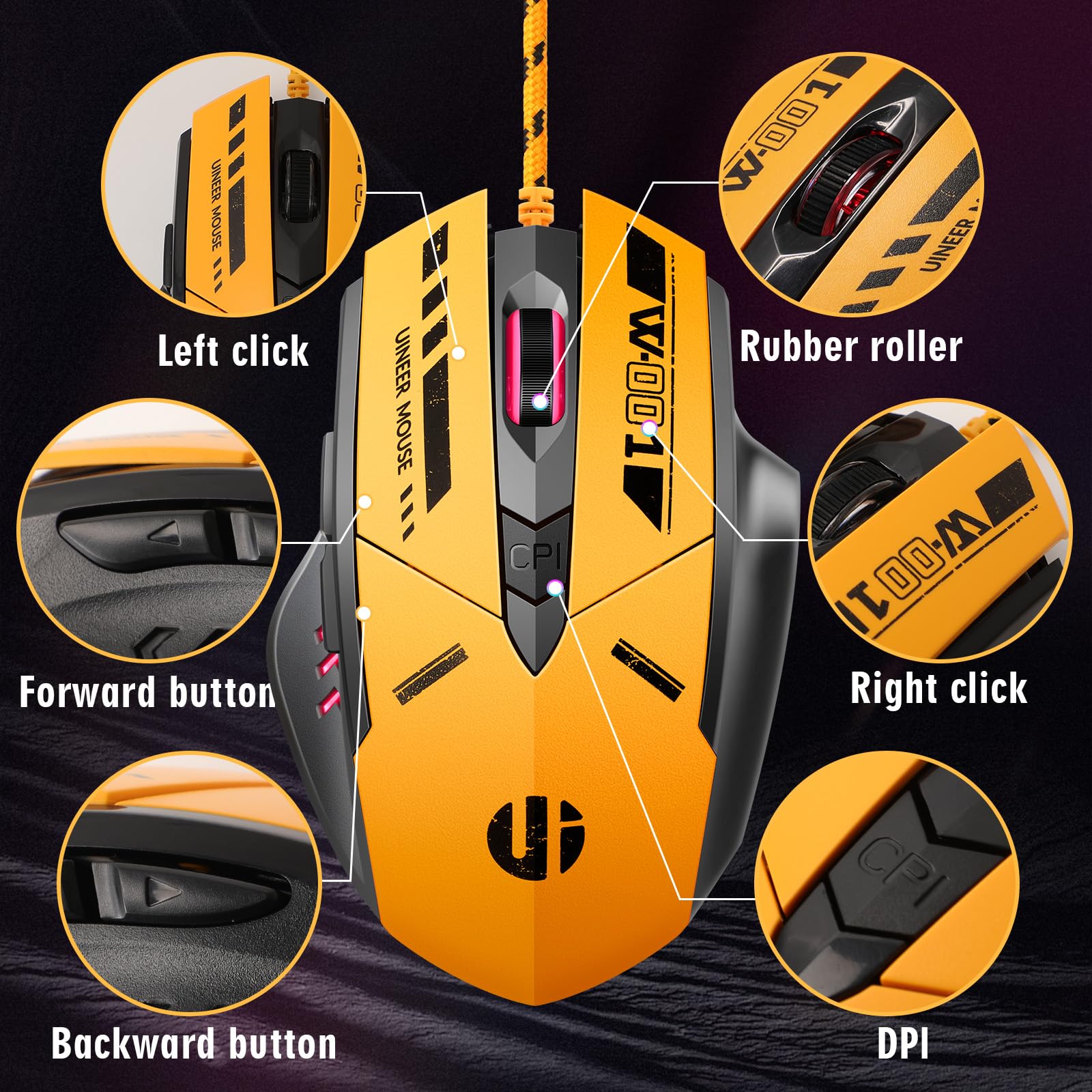 Uineer Wired Mouse Gaming, 4 Adjustable Dpi Levels, 6 Programmable Buttons, 4 Colour Auto Breathing Light, 1.5M Usb Cable   Plug