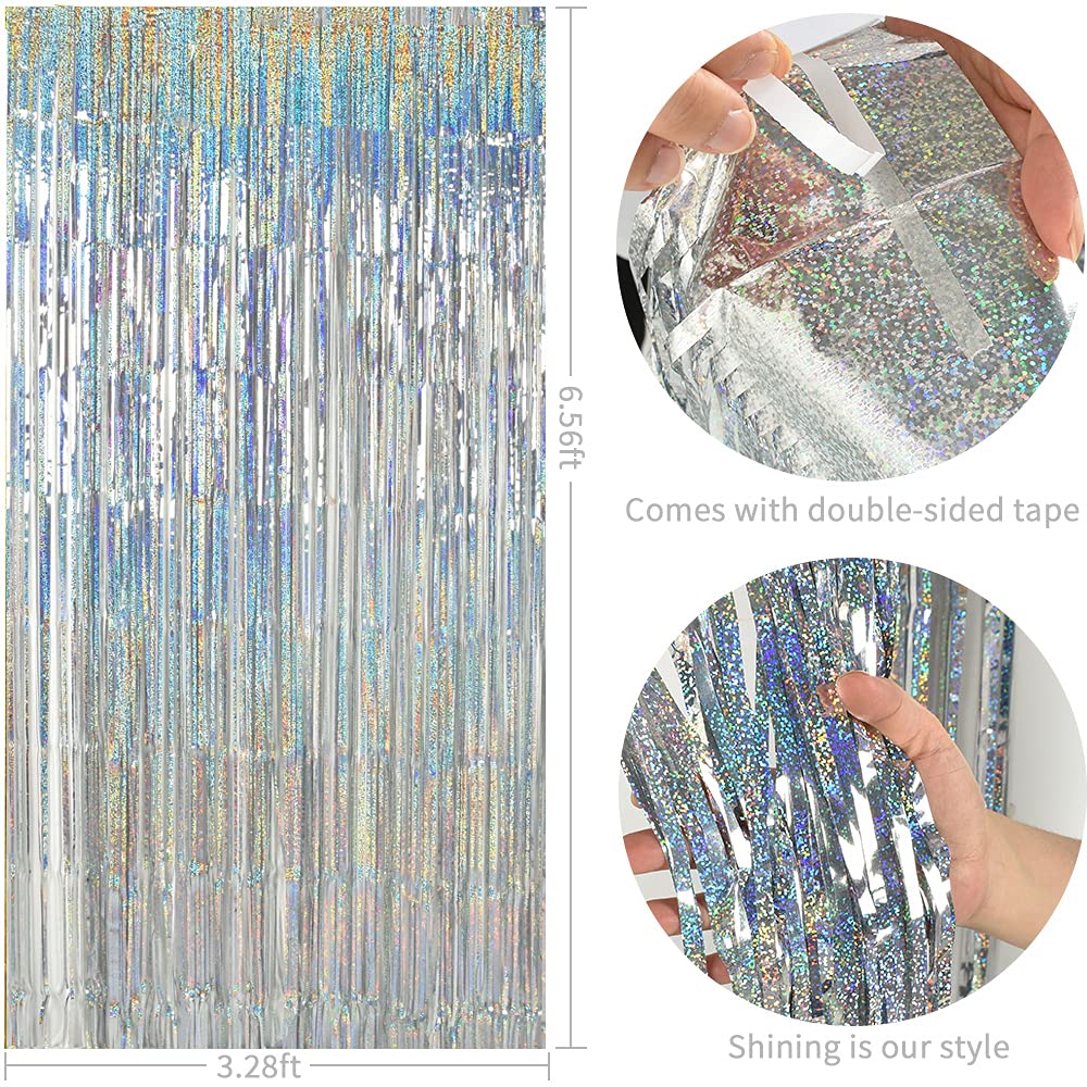 Toniful 3Pcs Laser Silver Door Streamers,Laser Silver Photo Booth Backdrop Metallic Streamers Laser Silver Foil Fringe Curtains