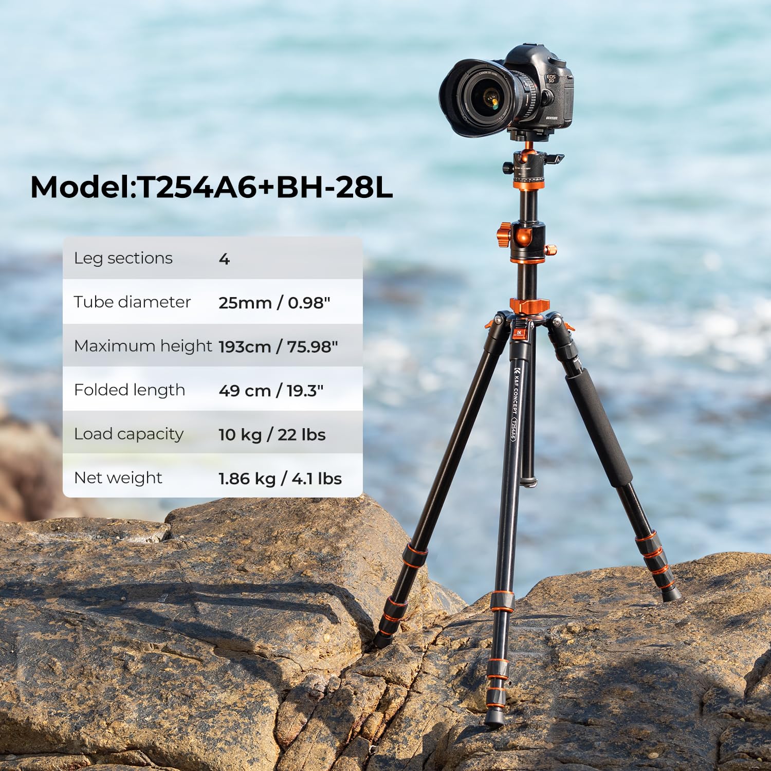 K&F Concept 74 Inch Camera Tripod,Professional Center Axis Horizontal Tripods With Detachable Monopod,360 Degree Ball Head,Quick Release Plate Compatible With Dslr Cameras T254A6+Bh 28L(Sa254T3)