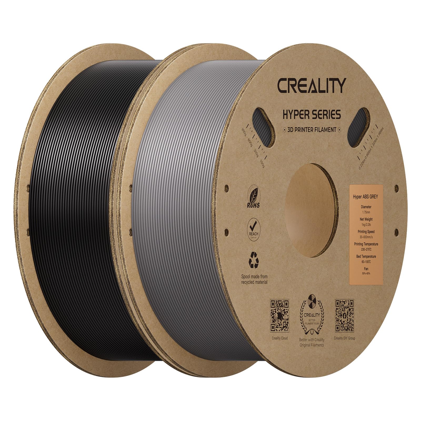 Creality ABS Filament Bundle 2KG Black&Grey, 3D Printer Filament ABS Designed for High Speed 350mm/s, High Impact Resistance, Od