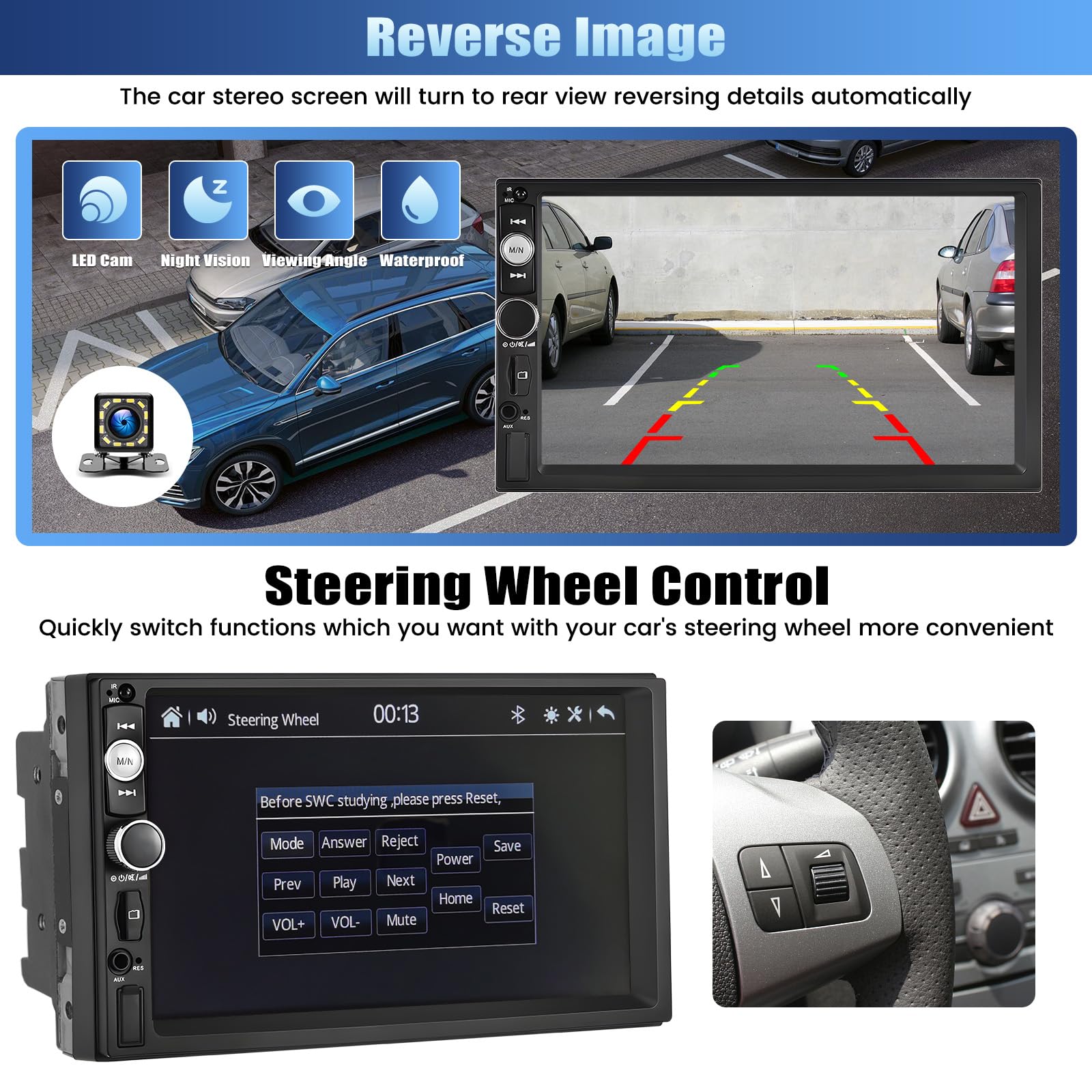 Double Din Car Stereo With Apple Carplay&Android Auto,7 Inch 1080P Touchscreen Car Radio Multimedia Player With Fm Radio Bluetooth Mirror Link Swc Usb/Sd/Aux In Port+12Led Backup Camera&Remote Control