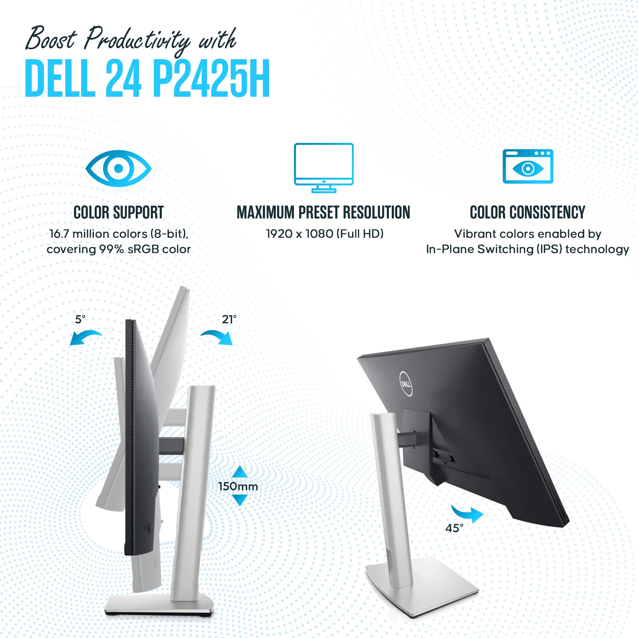 Dell P2425H Computer Monitor Screen 24'' 16:9 Ips Bundle With Stand   Full Hd, 1920 X 1080 1 Year Warranty   Led, 100Hz Monitor