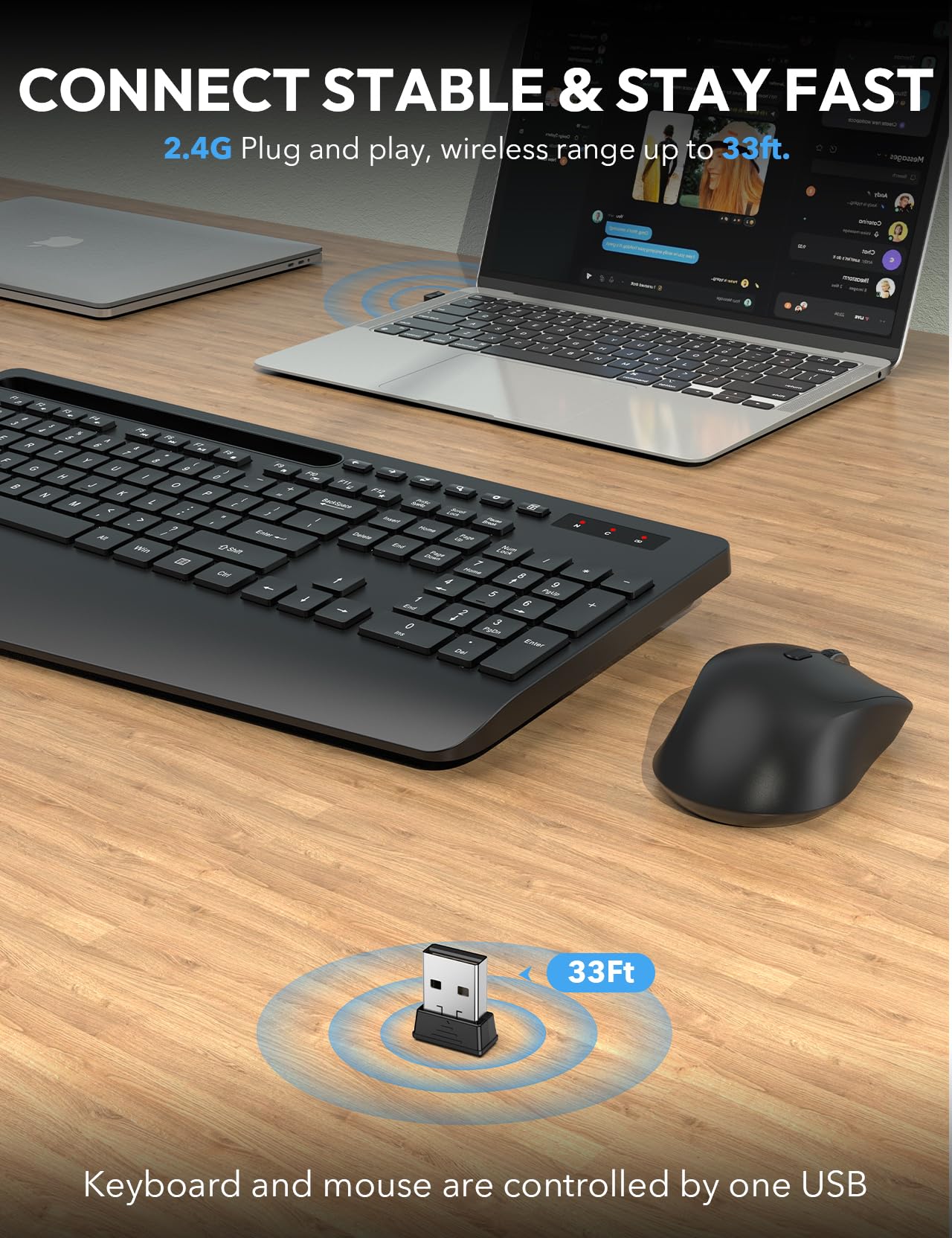 Wireless Keyboard And Mouse, Wrist Rest, Phone Holder, Batteries Included, 2.4G Lag Free Ergonomic Keyboards Mouse Combo, Silent