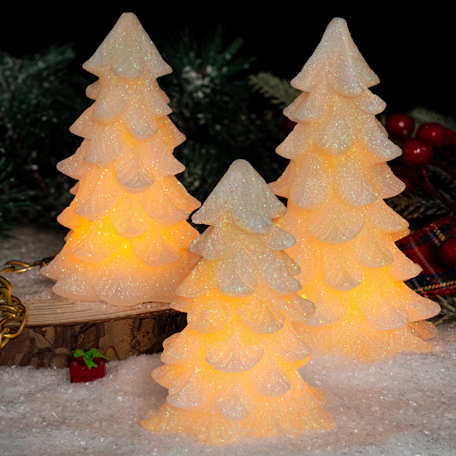 Hn Haiinaa White Glittering Christmas Tree Shaped Flameless Candles With Timer, Real Wax Flickering Battery Operated Led Candles
