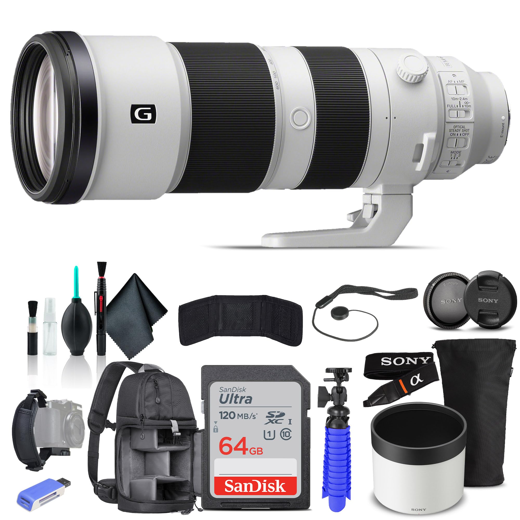 Sony FE 200-600mm f/5.6-6.3 G OSS Lens SEL200600G, Backpack, 64GB Card, Card Reader, Flex Tripod, Memory Card Wallet, Cap Keeper