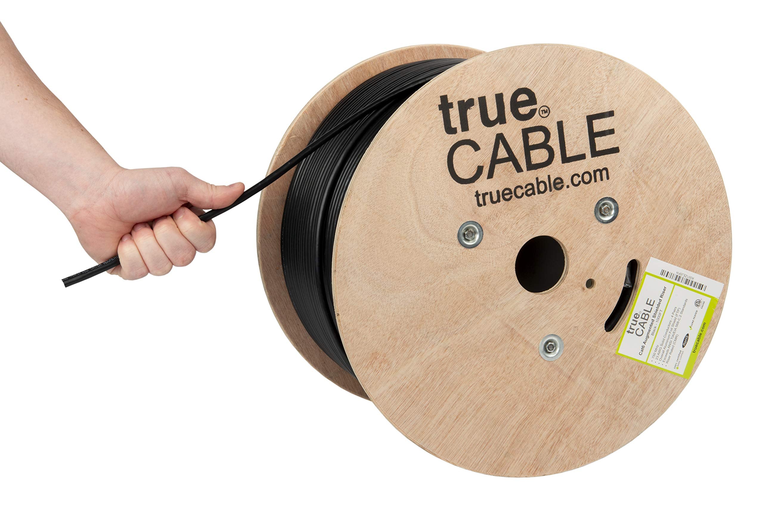 Truecable Cat6A Shielded Riser (Cmr), 1000Ft, Black, 23Awg Solid Bare Copper, 750Mhz, Poe++ (4Ppoe), Etl Listed, Overall Aluminum Foil Shield (F/Utp), Bulk Ethernet Cable