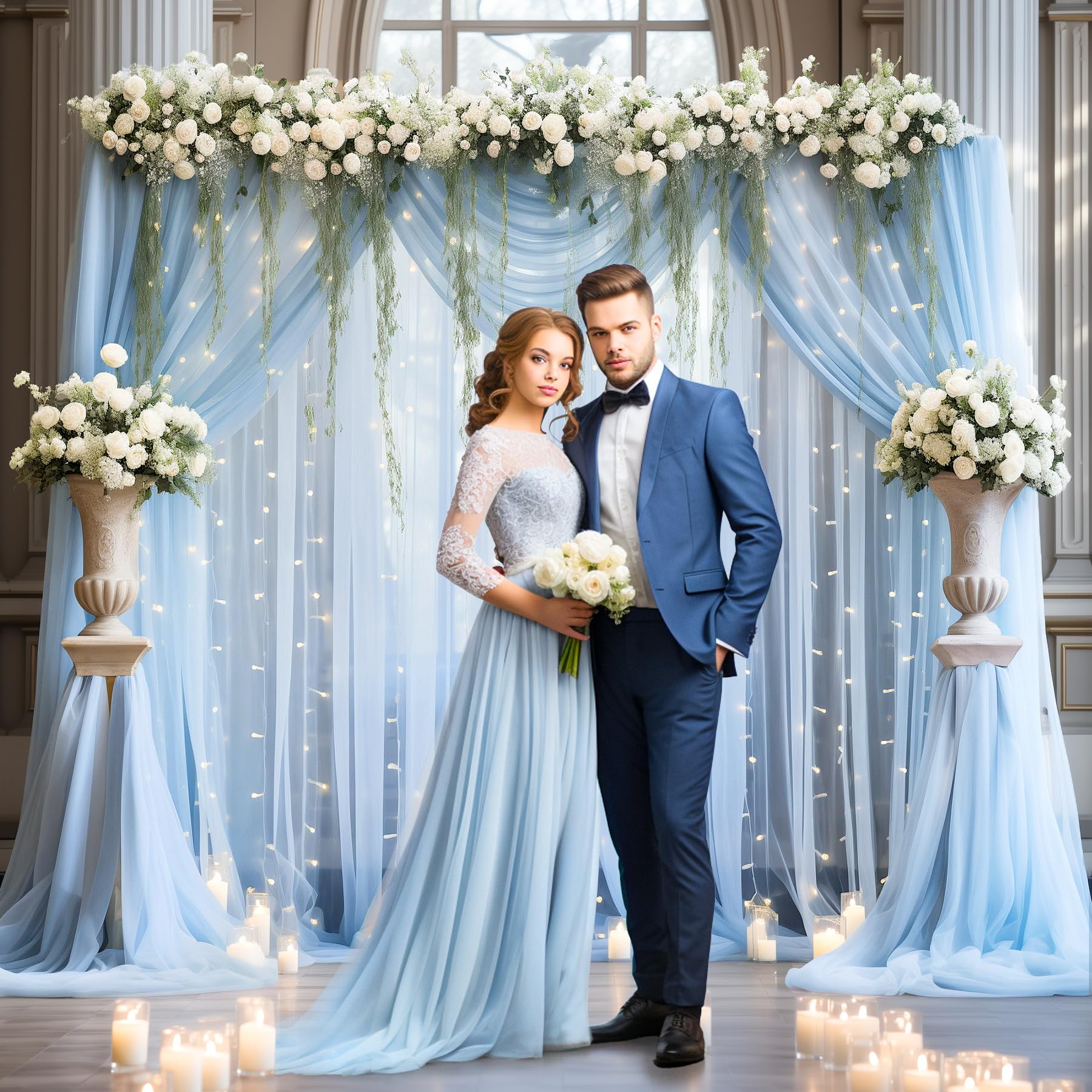 30X10Ft Baby Blue Tulle Backdrop Curtain With Lights String For Parites, Sheer Photo Backdrop Curtains With Lights For Wedding B