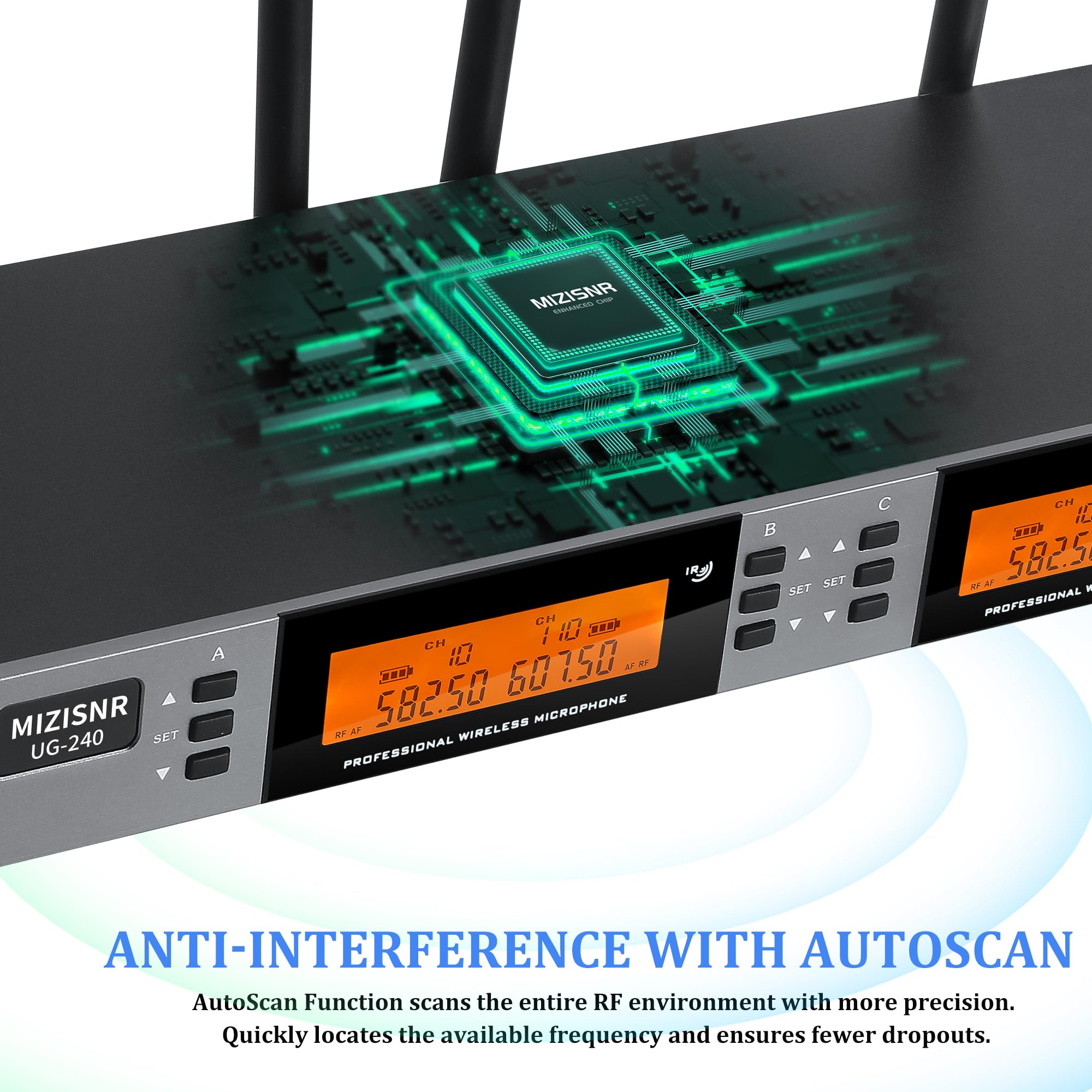 MIZISNR 4-Channel Wireless Microphone System, UHF Handheld Mics, 200 Frequencies, 300ft Range, Metal, Black, Model UG-240