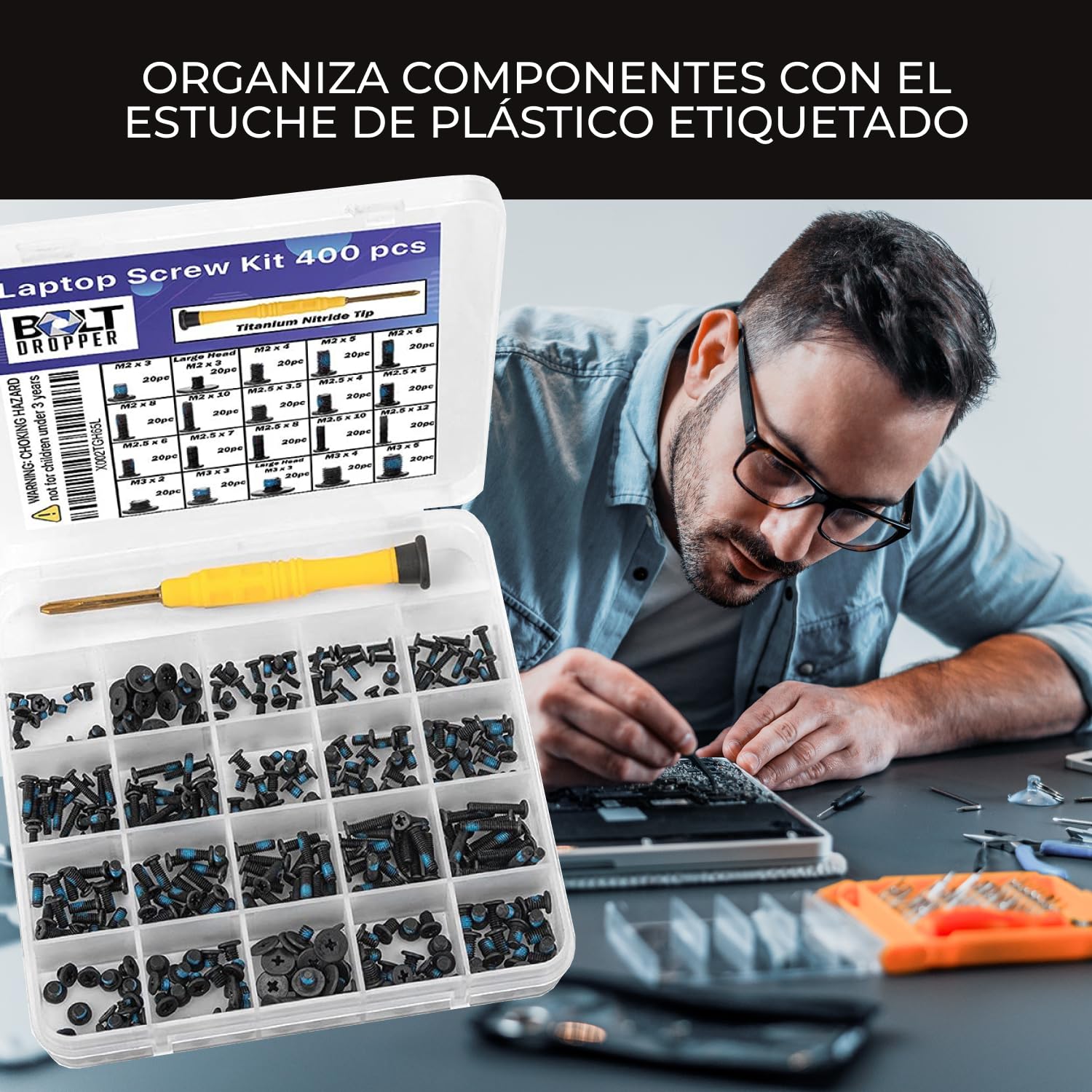 Bolt Dropper 400Pcs Laptop Screws W/Blue Nylok (20 Sizes) Titanium Nitride Screw Driver, Notebook Computer Screw Kit Set, Electr