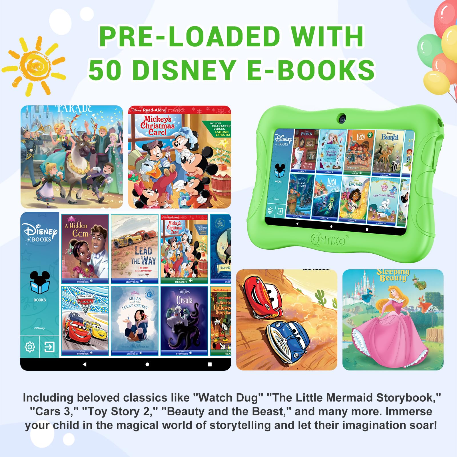 Contixo V9 7' Kids Tablet 32Gb   Includes 50+ Disney Storybooks & Stickers, Android 11, Wifi Learning Tablet With Parental Controls & Protective Case (2024 Model)   Green