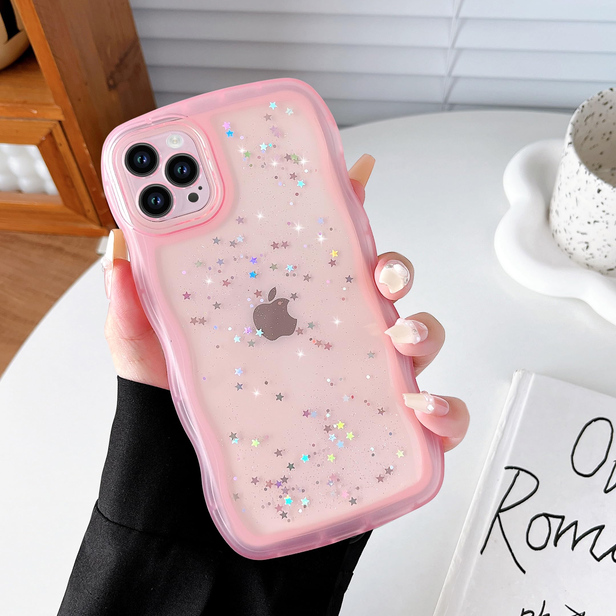 Qokey For Iphone 13 Mini Case 5.4'' Curly Wave Edge Design Transparent Bling Glitter Star Shiny Case Cute Clear Transparent Full