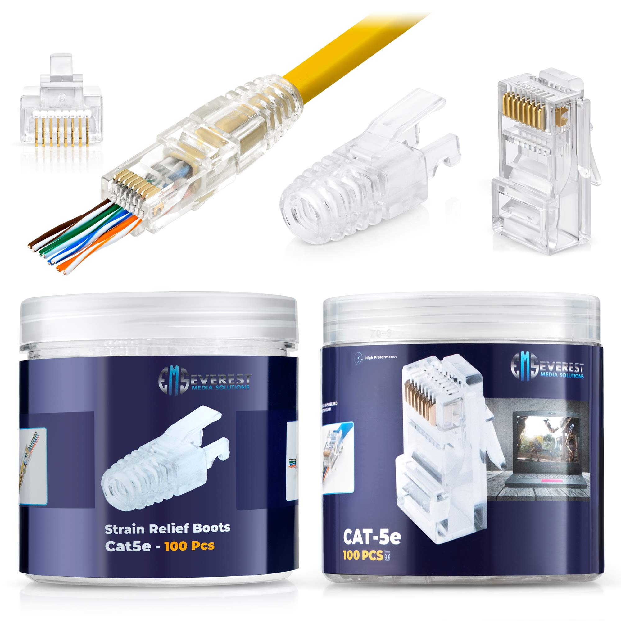 Everest Media Solutions Rj45 Cat5E Pass Through Connectors And Strain Relief Boots   Pack Of 100/100 | Ez To Crimp Modular Plug
