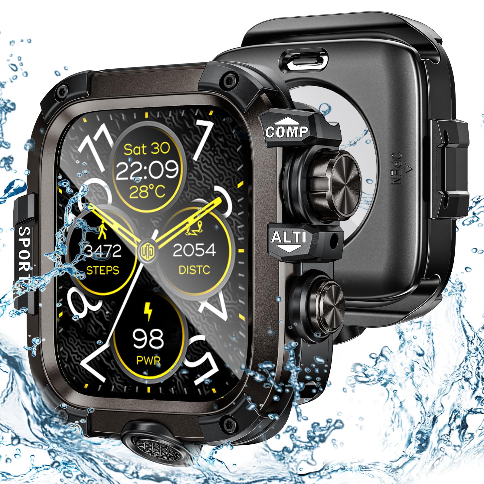 3 in 1 Goton Metal PC Case for Apple Watch Screen Protector 44mm, 360 Protective Rugged Tempered Glass Waterproof Face Cover Bum