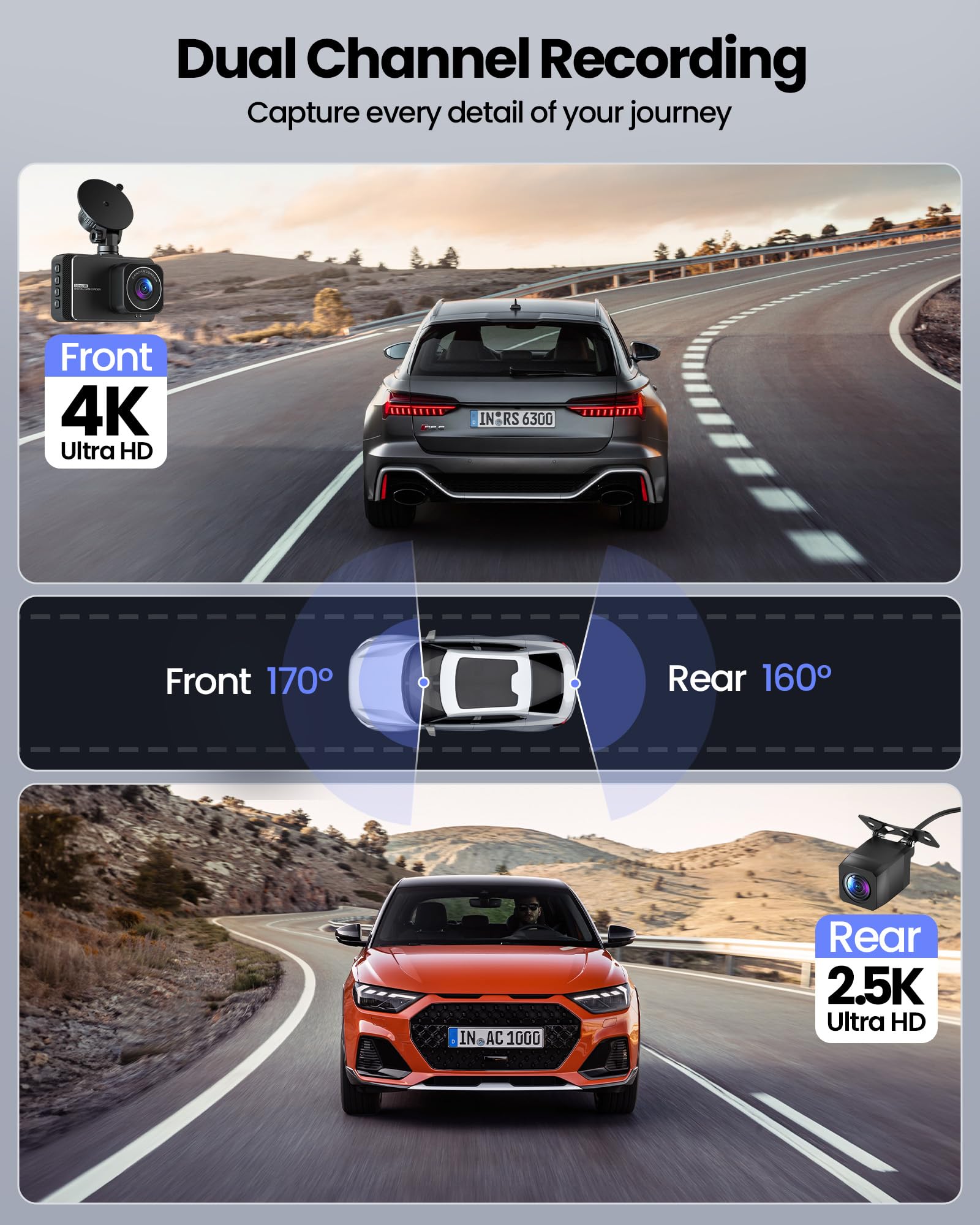 Dellfy Dash Cam, Dashcam Front And Rear Cameras, 4K+2.5K Full Hd Dash Camera For Cars, Included 32Gb Card, 170+160 Wide Angle, N
