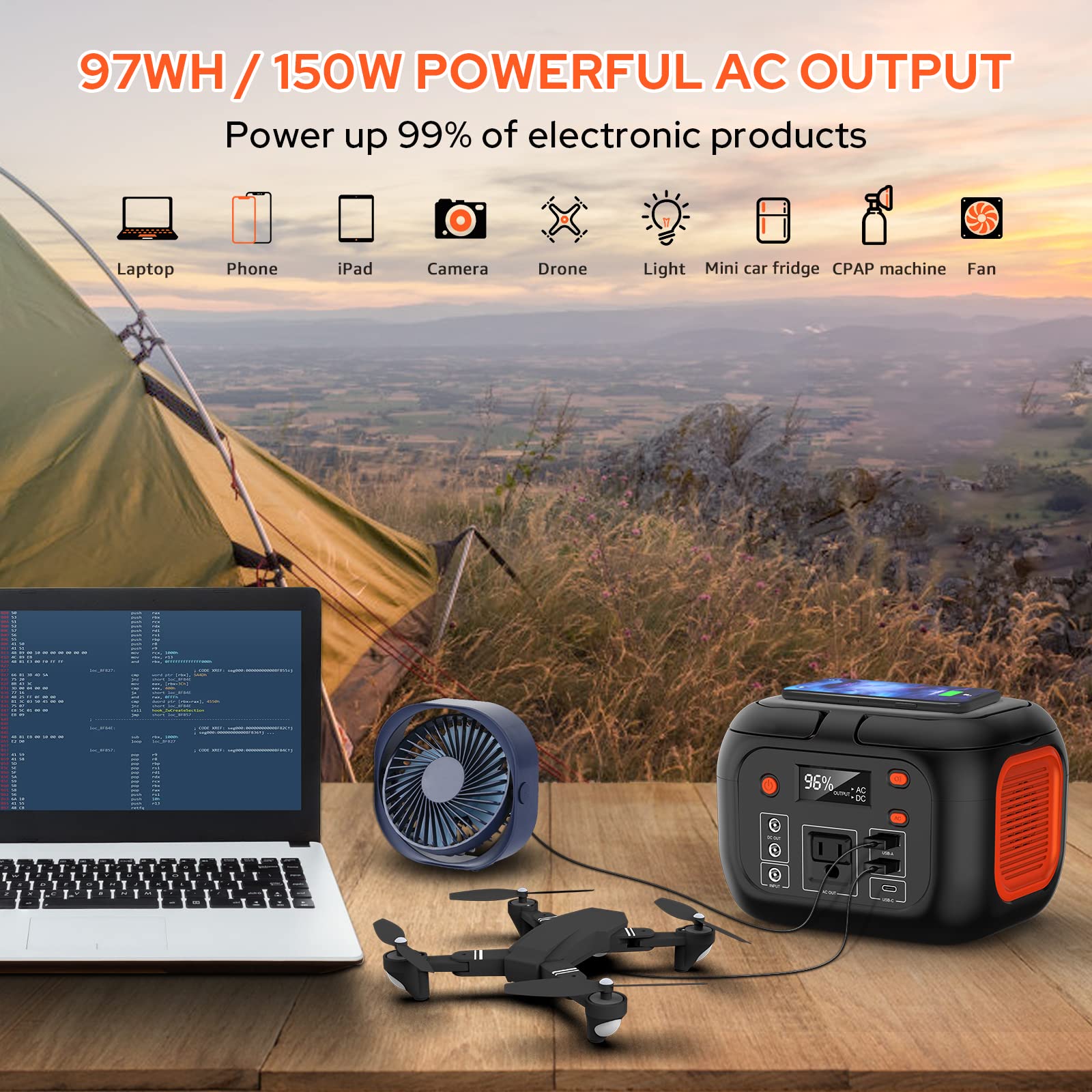 Portable Power Station 97Wh Power Bank 26400Mah Battery Pack Fasting Charging 150W Ac Outlet Solar Generators With Wireless Char