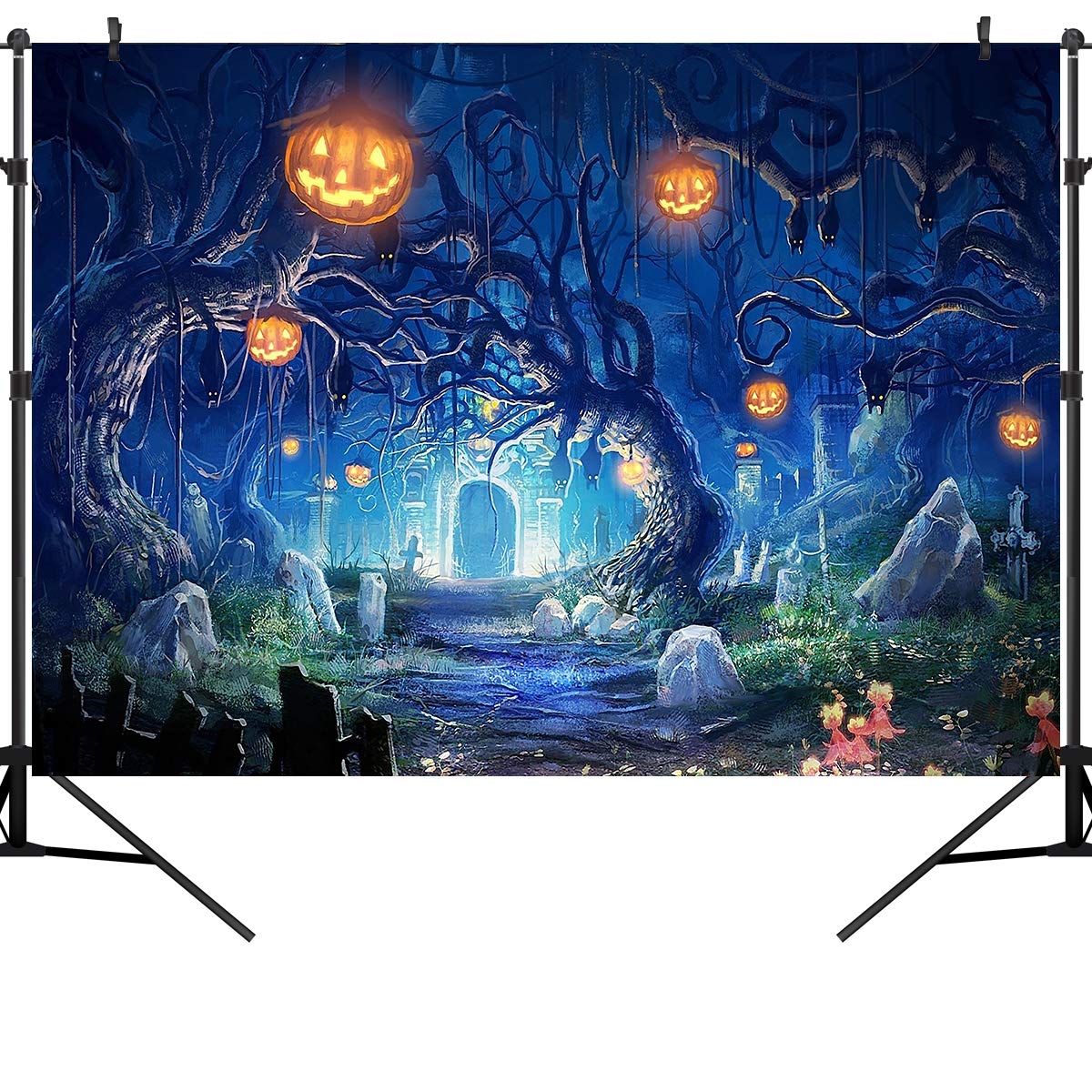 Ouyida 7X5Ft Halloween Theme Forest Scary Scene Pumpkin Pictorial Cloth Photography Background Computer Printed Vinyl Backdrop Photo Studio Prop Tp272