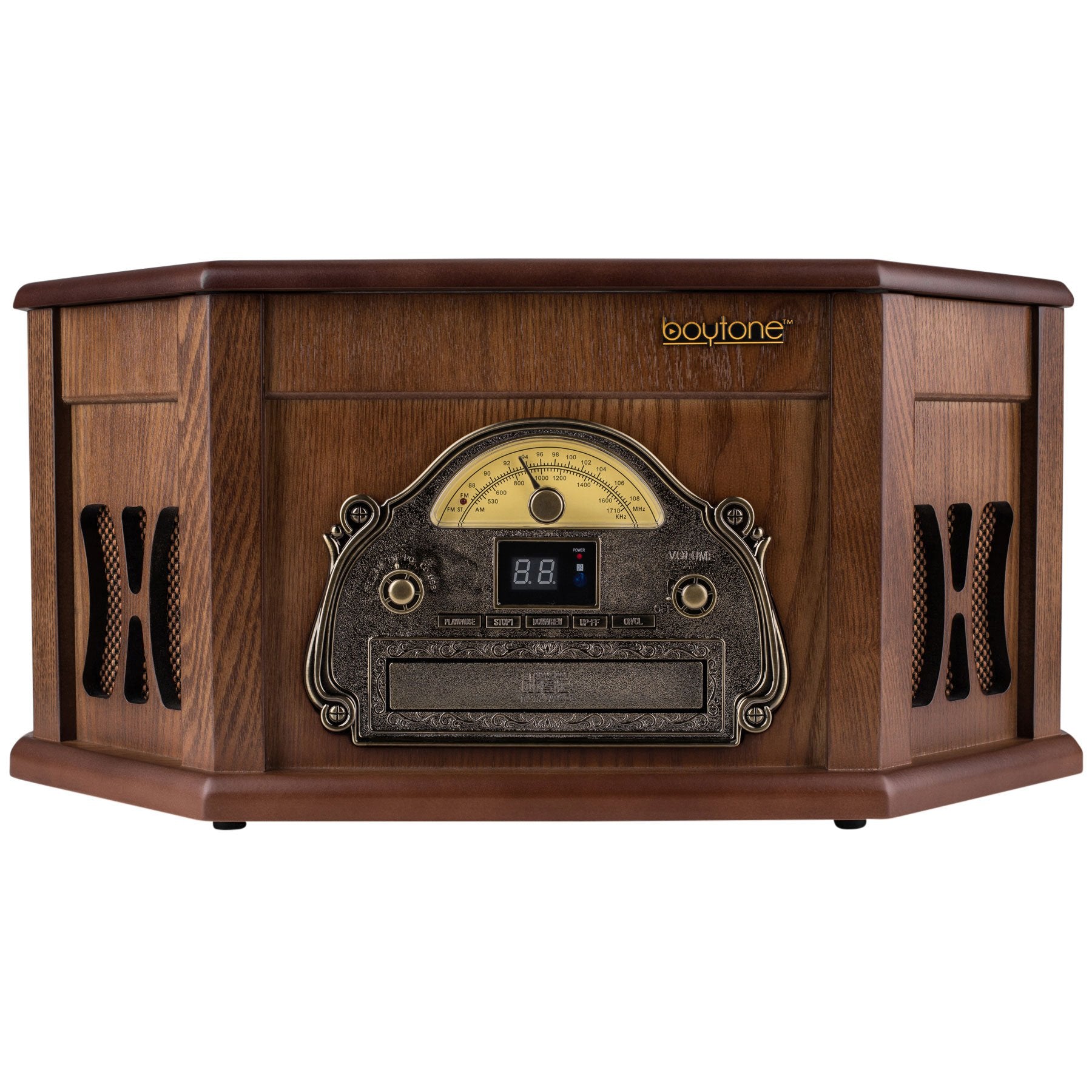 Boytone Bt 25Mb 8 In 1 Natural Wood Classic Turntable Stereo System With Bluetooth Connection, Vinyl Record Player, Am/Fm, Cd, Cassette, Usb, Sd Slot. 2 Built In Speakers, Remote Control, Mp3 Player