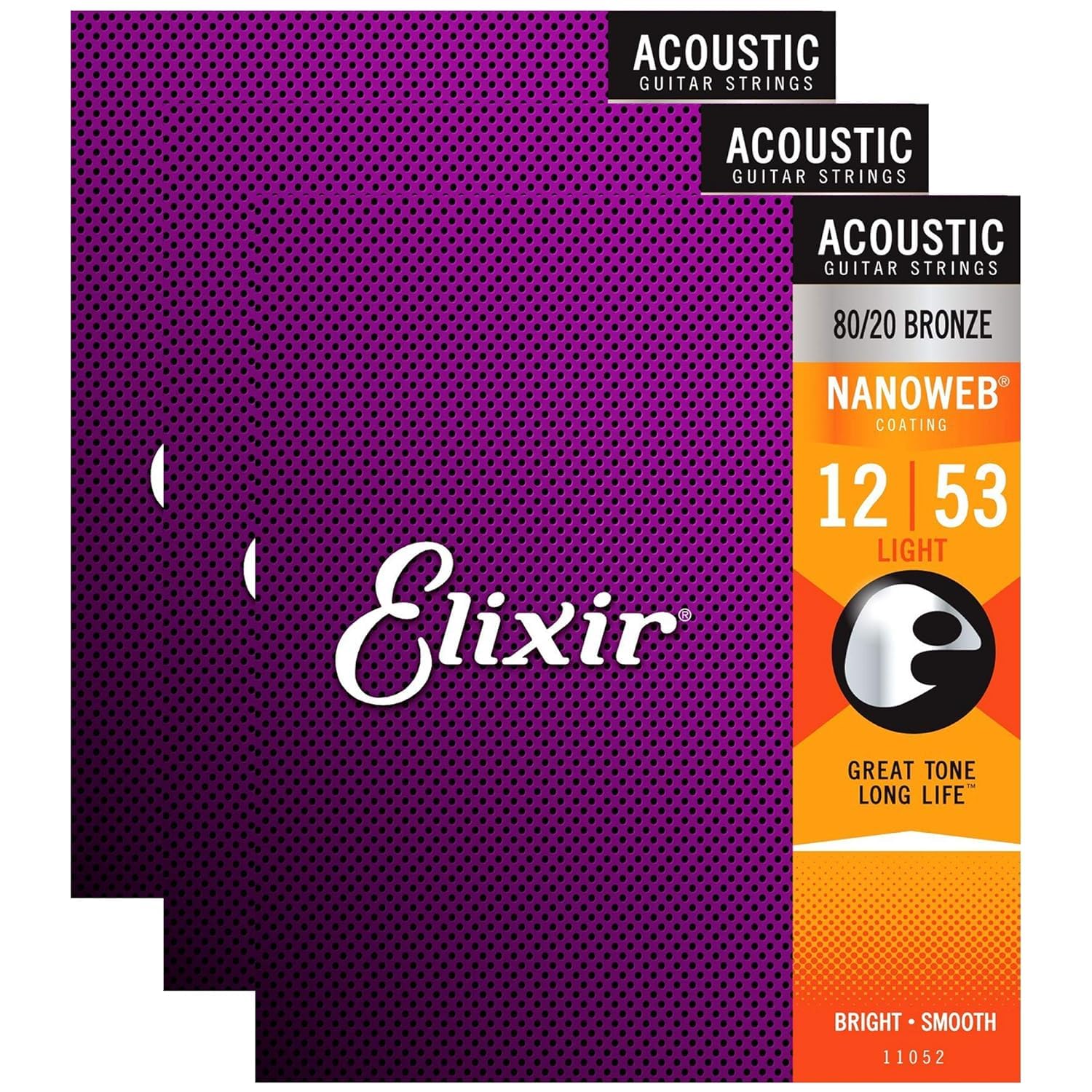 Elixir 11052 Acoustic 80/20 Nano Light 12 53 (3 Pack Bundle)