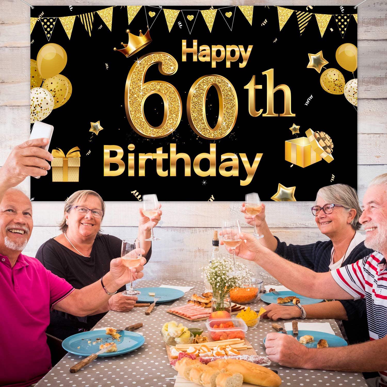 60Th Birthday Banner For Men Women, 60Th Party Decoration Supplies Backdrop Large Black Gold Sign Poster Photo Booth Background